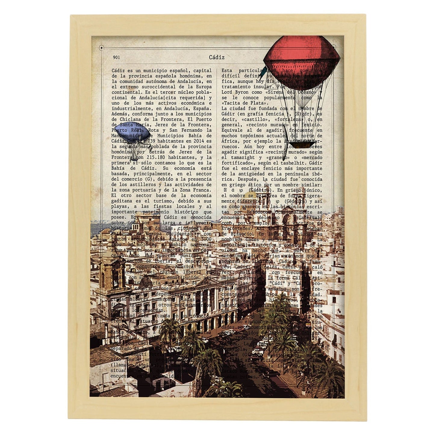 Lámina Ciudad de Cadiz. Estilo Vintage. Ilustración, fotografía y Collage con la Historia DE Cadiz.-Artwork-Nacnic-A4-Marco Madera clara-Nacnic Estudio SL