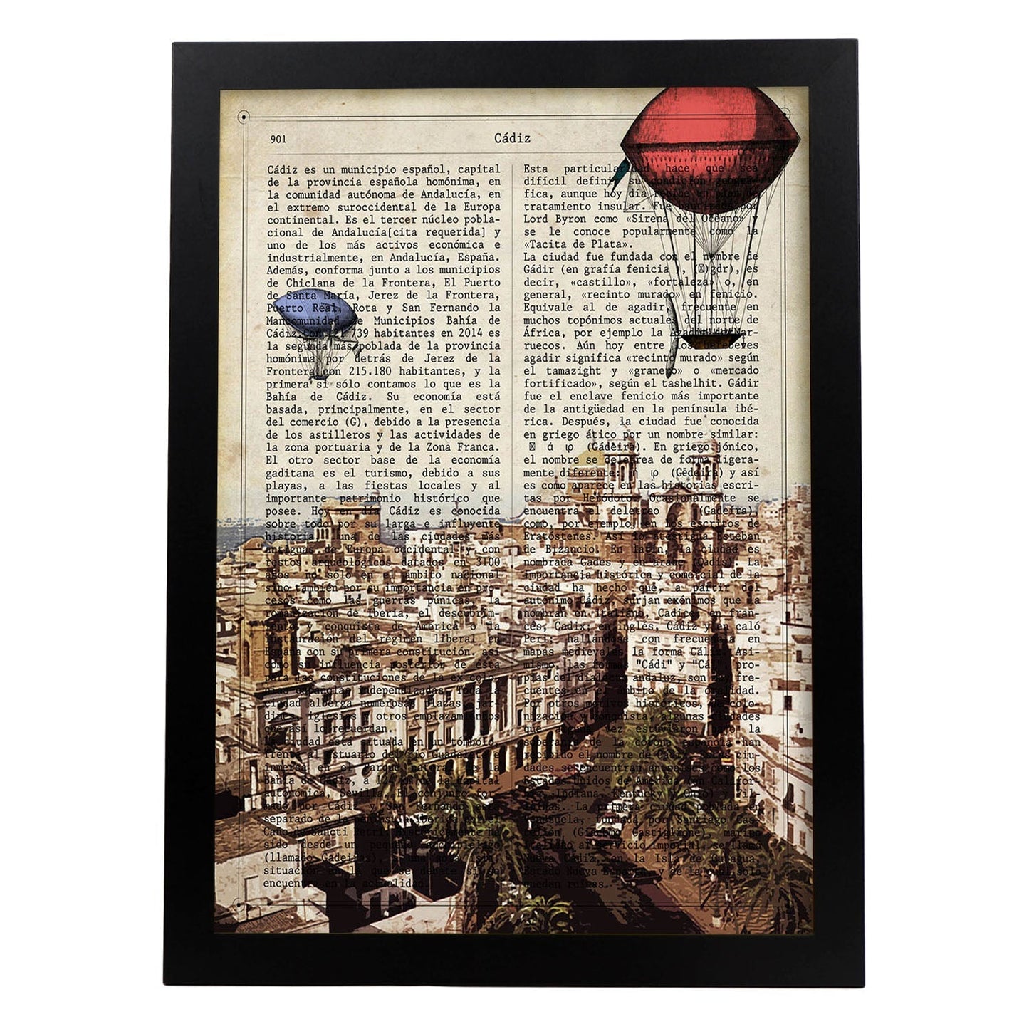 Lámina Ciudad de Cadiz. Estilo Vintage. Ilustración, fotografía y Collage con la Historia DE Cadiz.-Artwork-Nacnic-A4-Marco Negro-Nacnic Estudio SL
