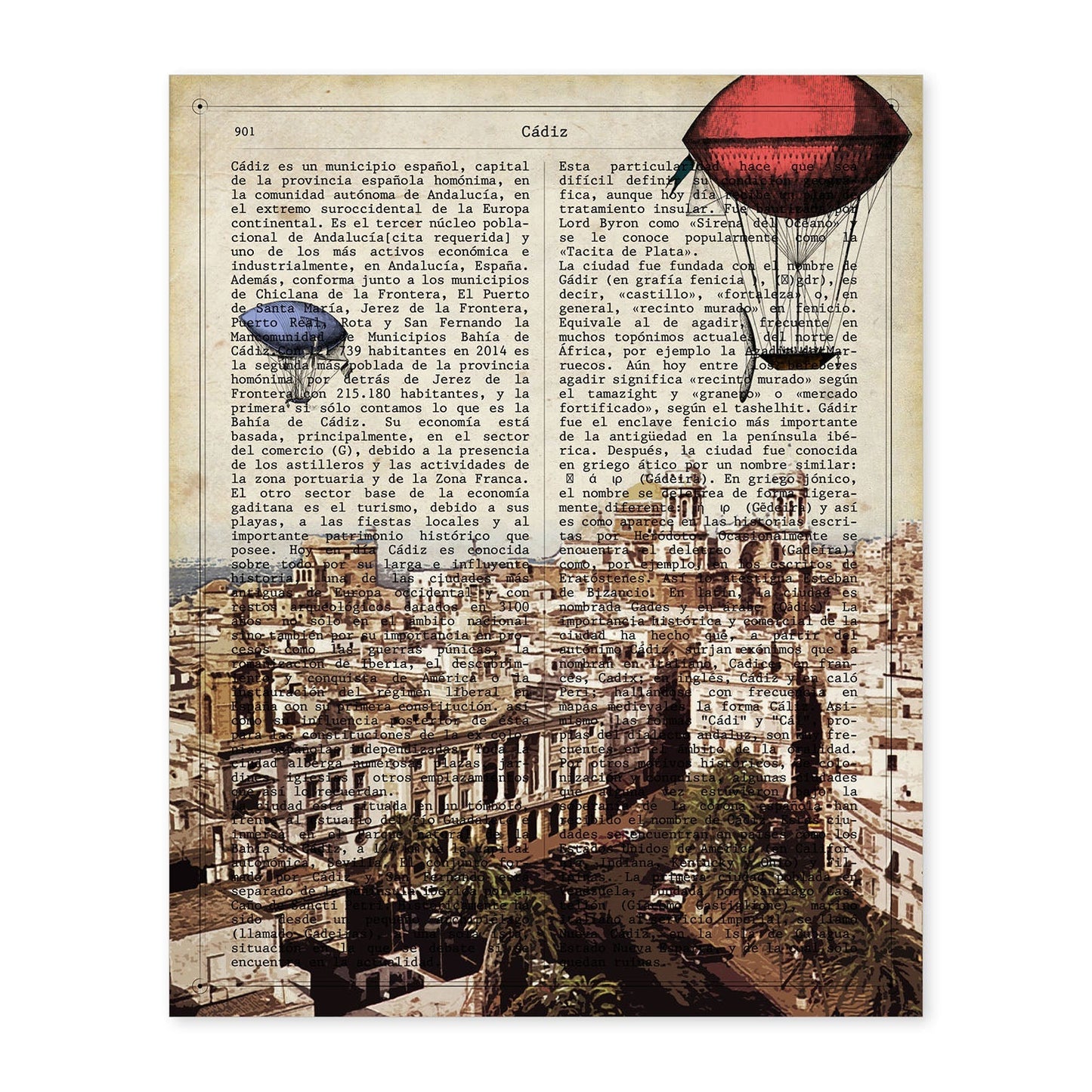 Lámina Ciudad de Cadiz. Estilo Vintage. Ilustración, fotografía y Collage con la Historia DE Cadiz.-Artwork-Nacnic-A4-Sin marco-Nacnic Estudio SL