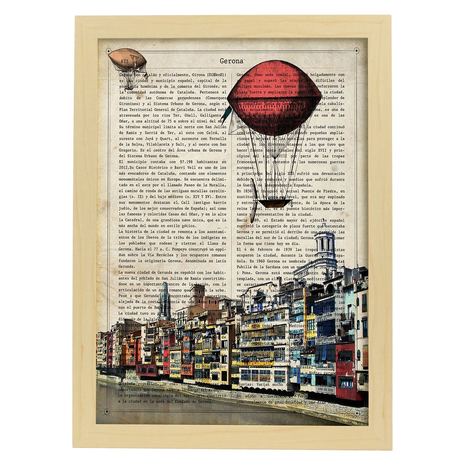 Lámina Ciudad de GERONA. con la Historia DE GERONA.-Artwork-Nacnic-A3-Marco Madera clara-Nacnic Estudio SL