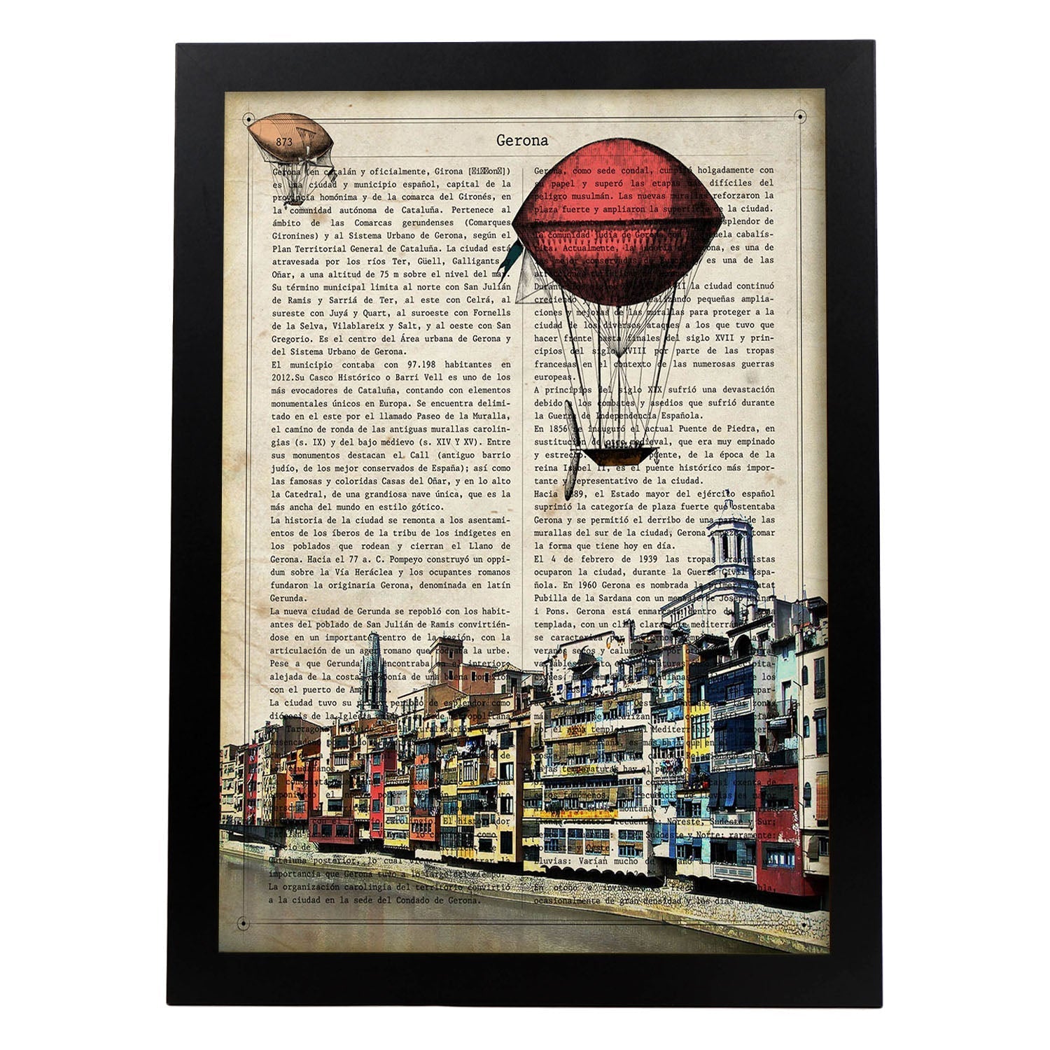 Lámina Ciudad de GERONA. con la Historia DE GERONA.-Artwork-Nacnic-A4-Marco Negro-Nacnic Estudio SL