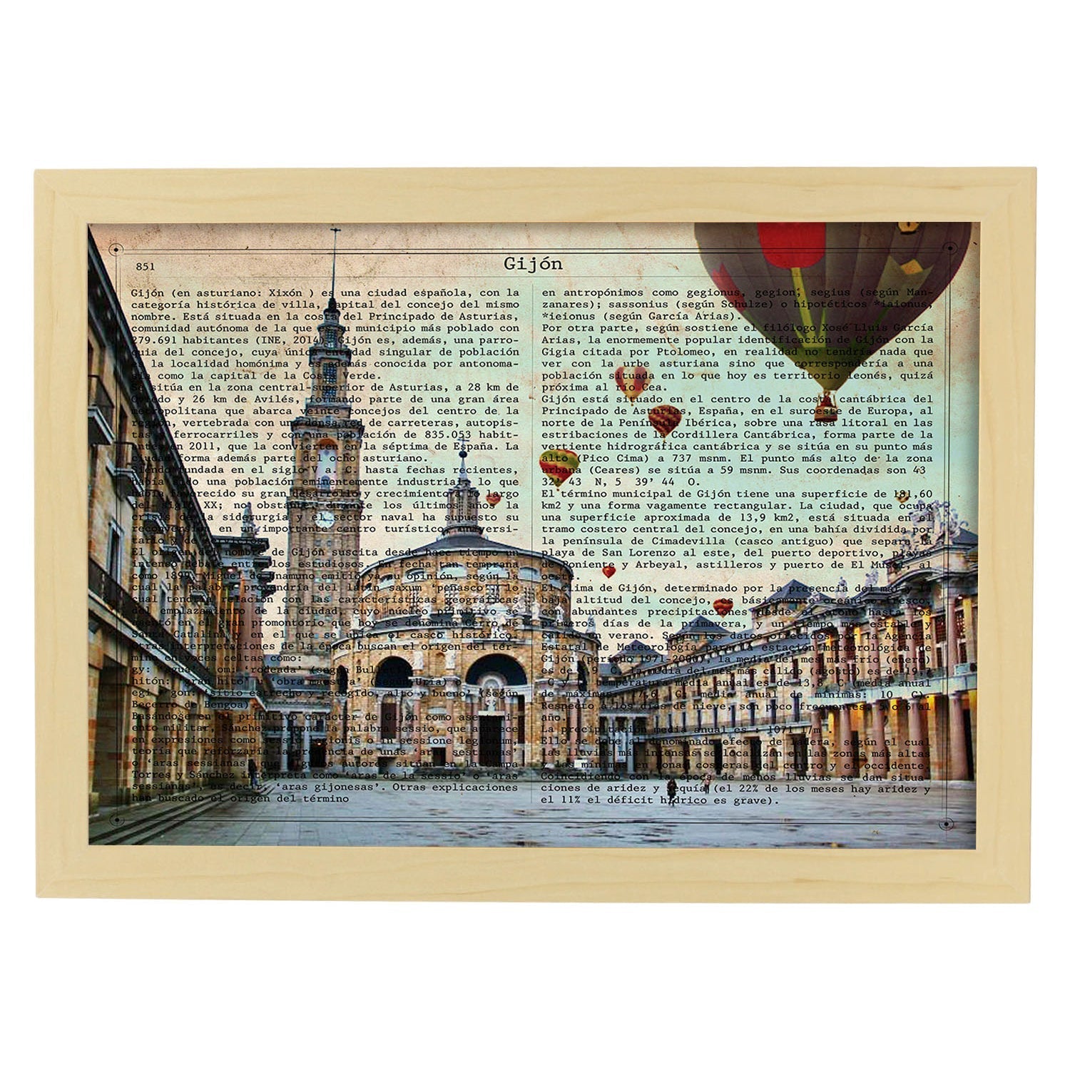 Lámina Ciudad de GIJON. con la Historia DE GIJON.-Artwork-Nacnic-A3-Marco Madera clara-Nacnic Estudio SL