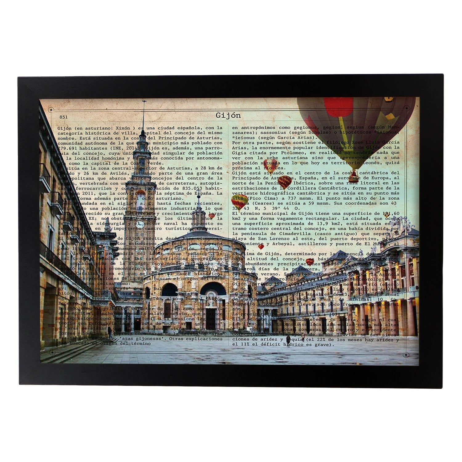 Lámina Ciudad de GIJON. con la Historia DE GIJON.-Artwork-Nacnic-A3-Marco Negro-Nacnic Estudio SL