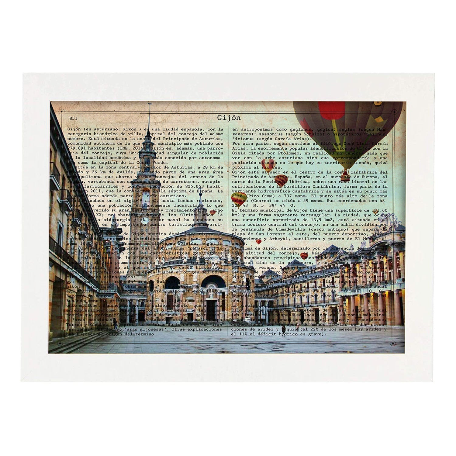 Lámina Ciudad de GIJON. con la Historia DE GIJON.-Artwork-Nacnic-A4-Marco Blanco-Nacnic Estudio SL