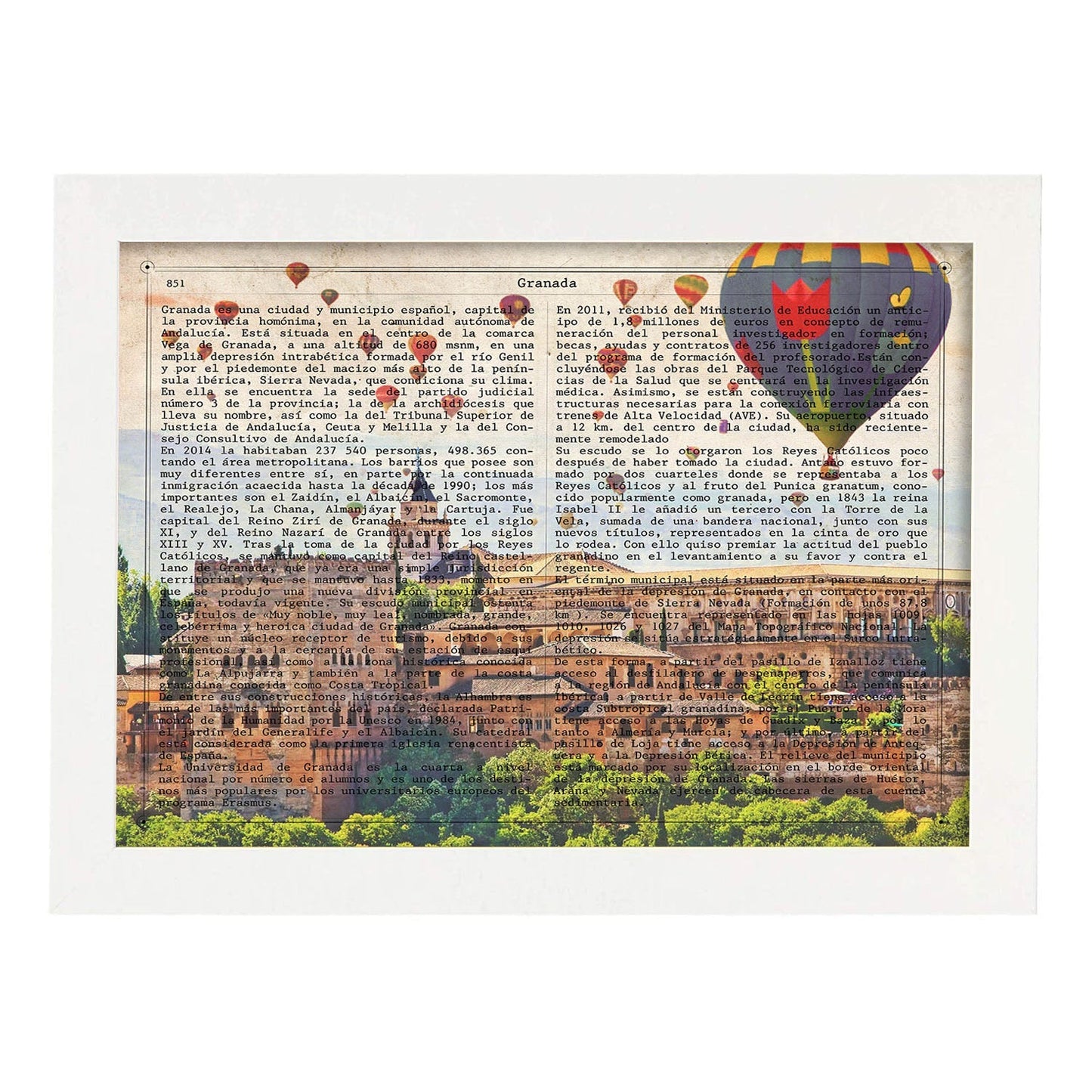 Lámina Ciudad de Granada. Estilo Vintage. Ilustración, fotografía y Collage con la Historia DE Granada.-Artwork-Nacnic-A4-Marco Blanco-Nacnic Estudio SL