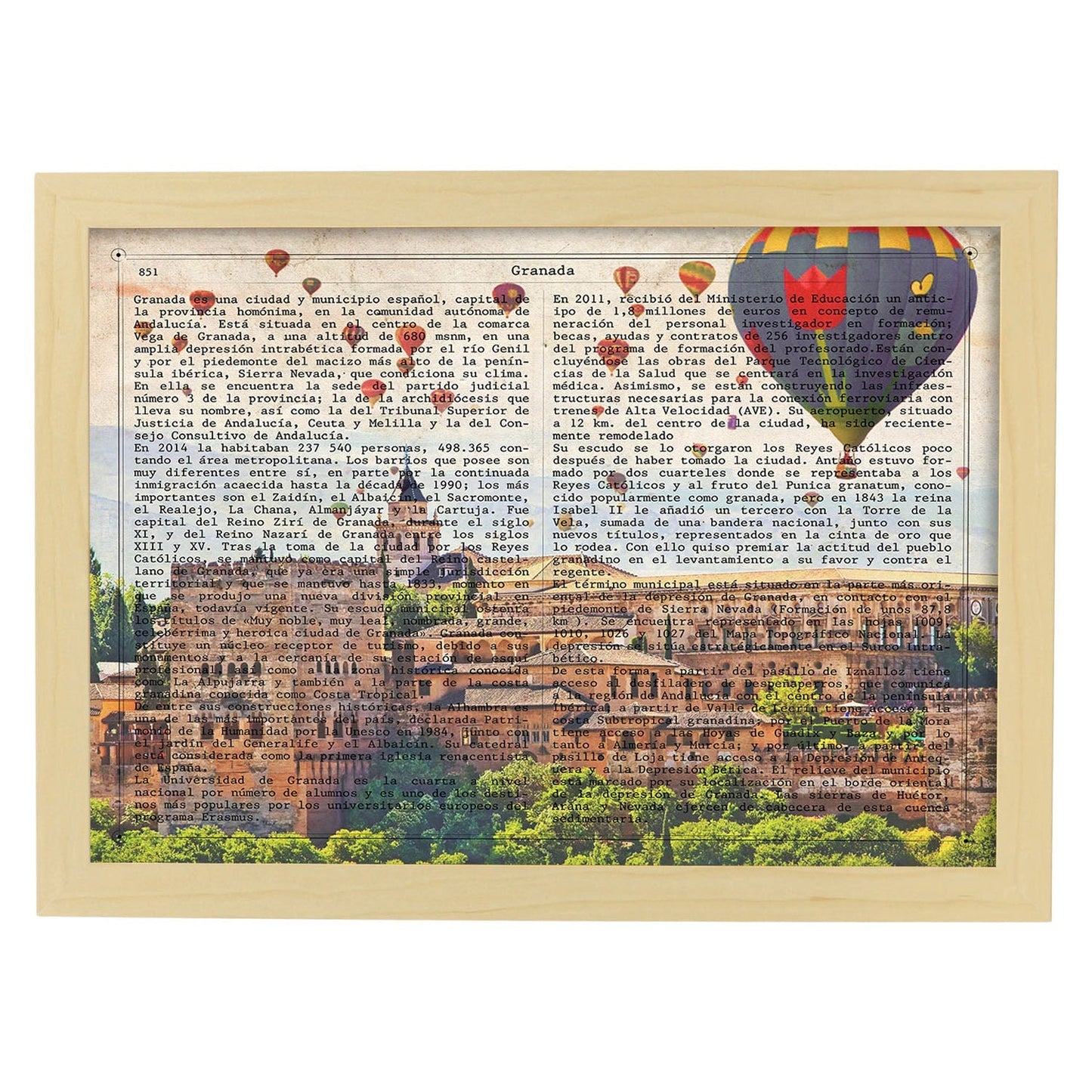 Lámina Ciudad de Granada. Estilo Vintage. Ilustración, fotografía y Collage con la Historia DE Granada.-Artwork-Nacnic-A4-Marco Madera clara-Nacnic Estudio SL