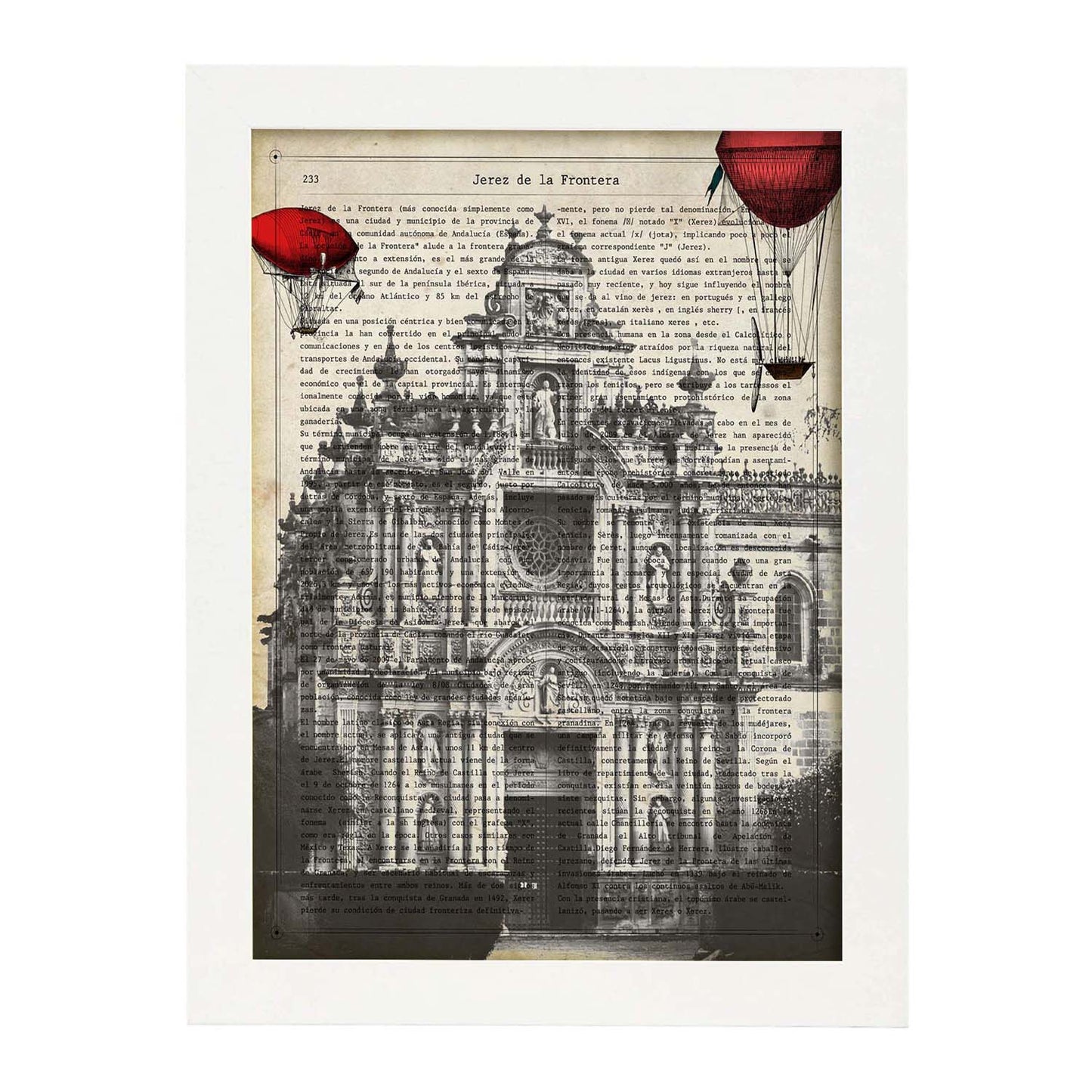 Lámina Ciudad de Jerez. Estilo Vintage. Ilustración, fotografía y Collage con la Historia DE Jerez DE LA Frontera.-Artwork-Nacnic-A4-Marco Blanco-Nacnic Estudio SL