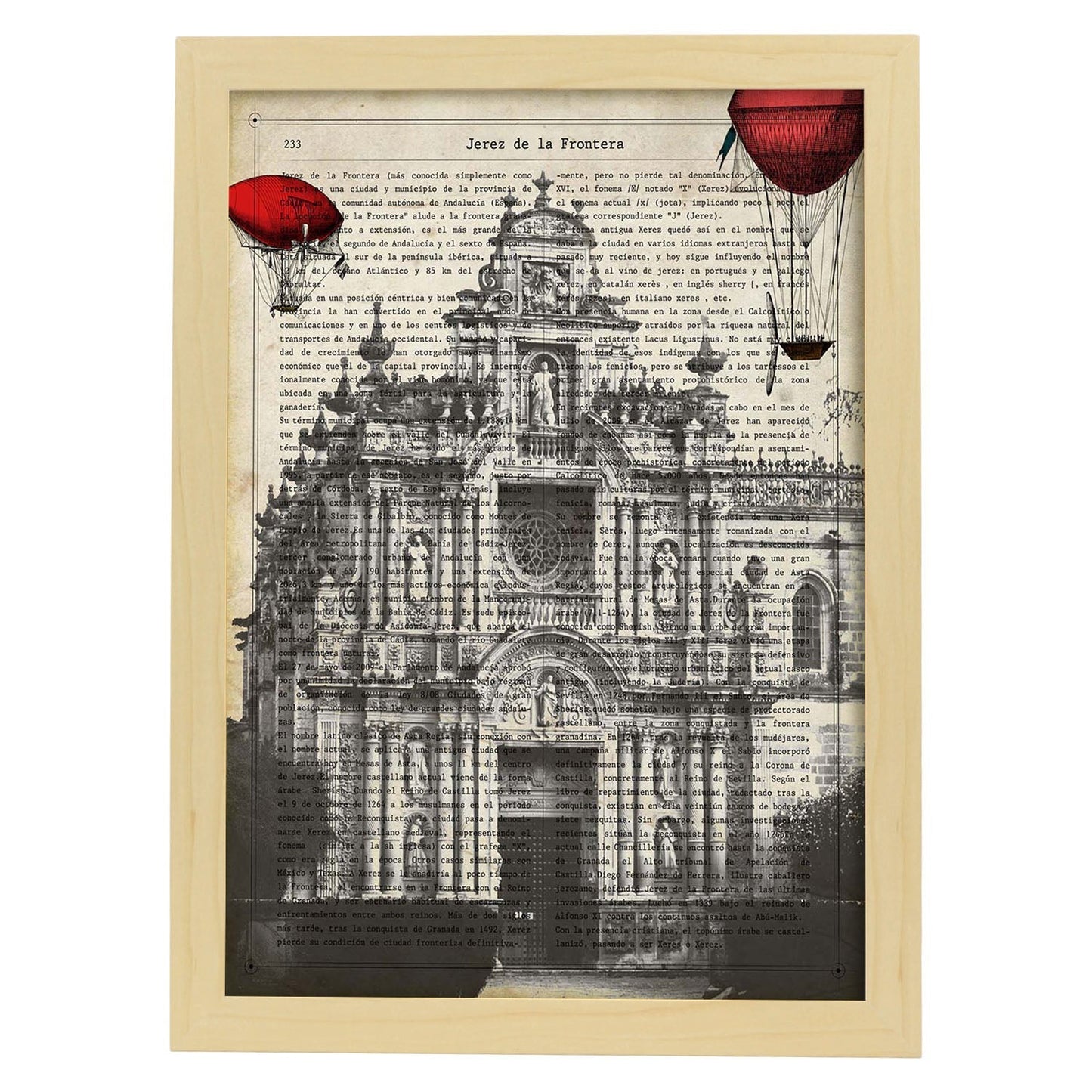 Lámina Ciudad de Jerez. Estilo Vintage. Ilustración, fotografía y Collage con la Historia DE Jerez DE LA Frontera.-Artwork-Nacnic-A4-Marco Madera clara-Nacnic Estudio SL