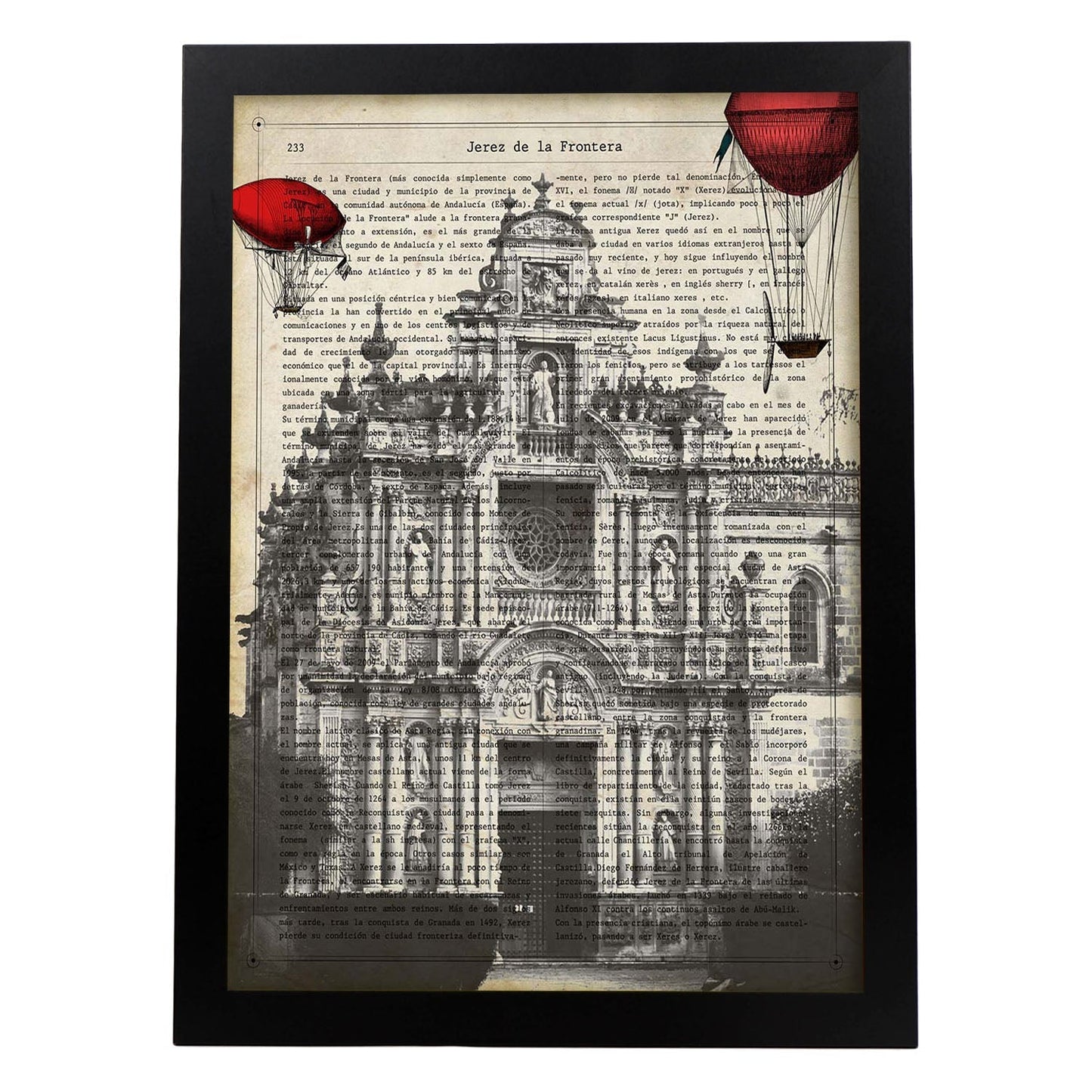Lámina Ciudad de Jerez. Estilo Vintage. Ilustración, fotografía y Collage con la Historia DE Jerez DE LA Frontera.-Artwork-Nacnic-A4-Marco Negro-Nacnic Estudio SL