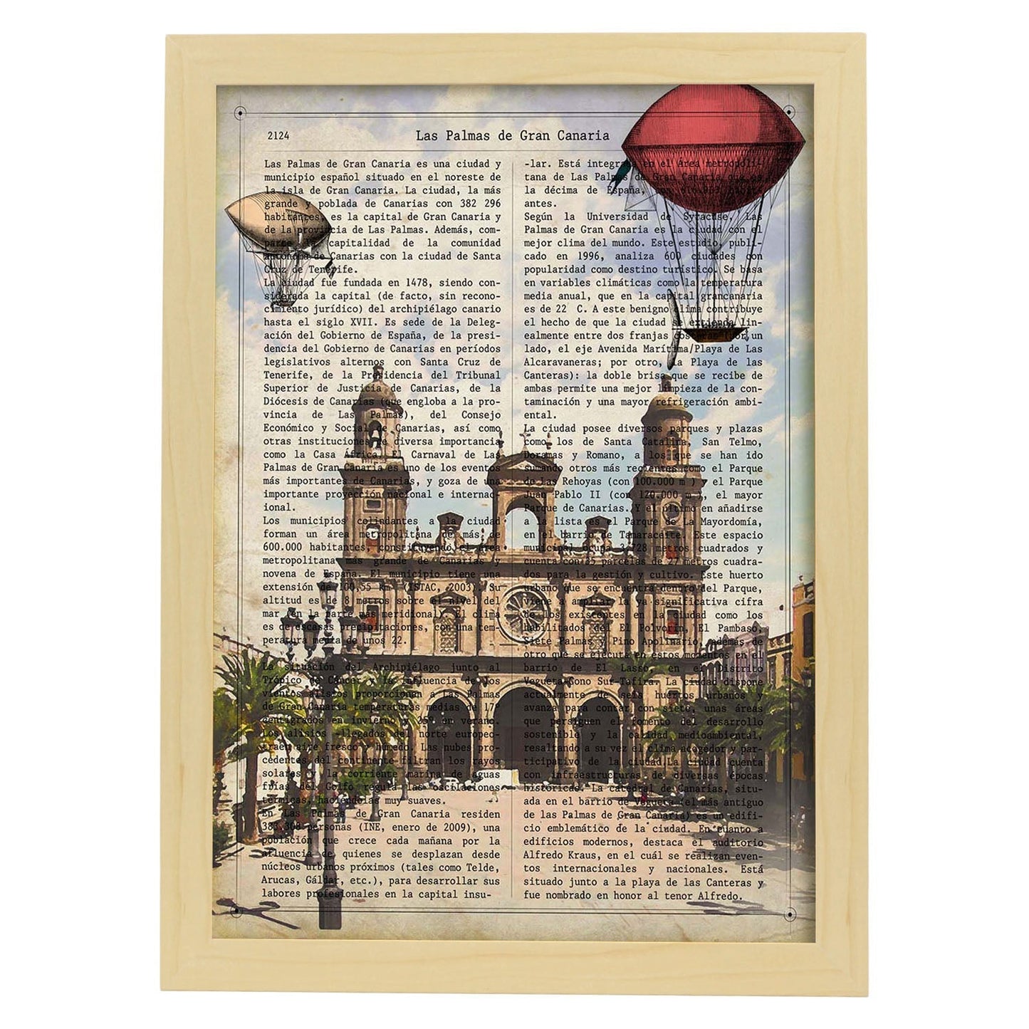 Lámina Ciudad de Las Palmas DE Gran Canaria. Ilustración, fotografía y Collage con la Historia DE Las Palmas DE Gran Canaria.-Artwork-Nacnic-A3-Marco Madera clara-Nacnic Estudio SL
