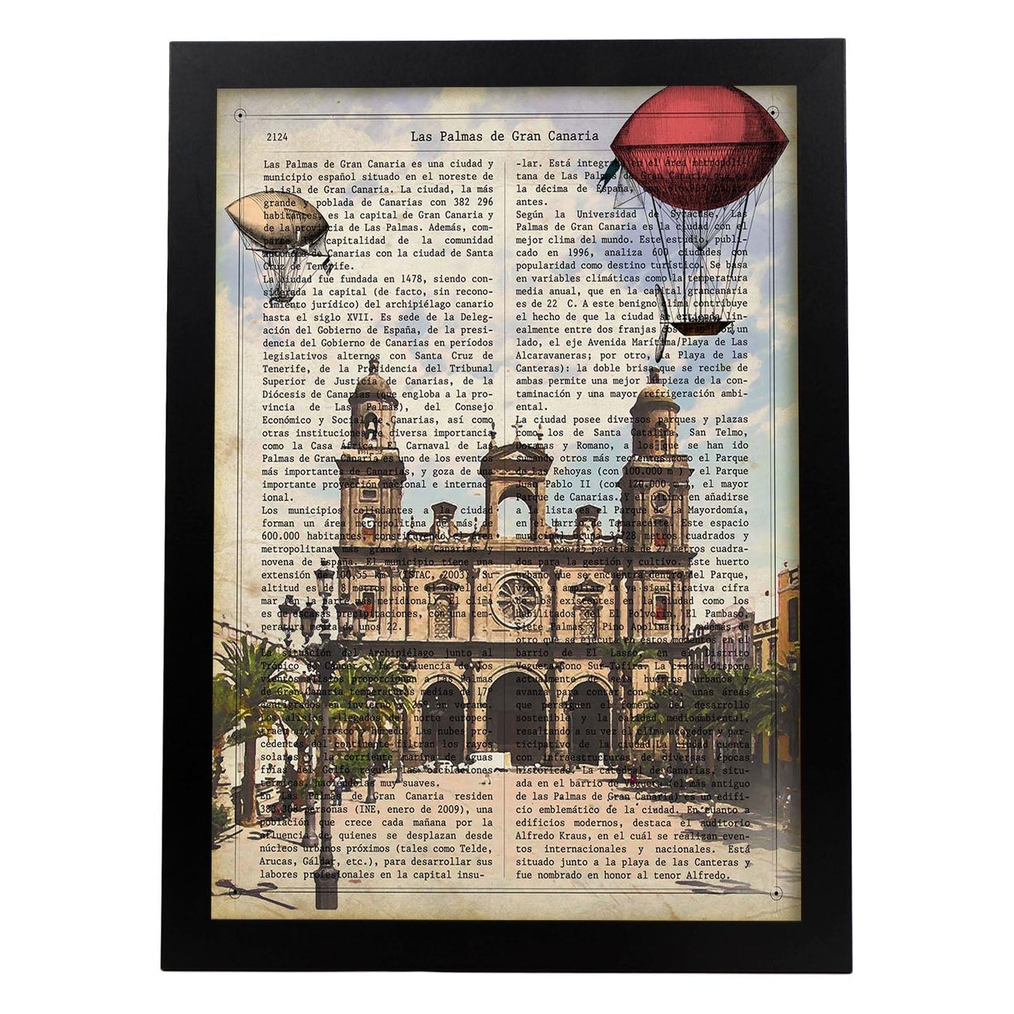 Lámina Ciudad de Las Palmas DE Gran Canaria. Ilustración, fotografía y Collage con la Historia DE Las Palmas DE Gran Canaria.-Artwork-Nacnic-A4-Marco Negro-Nacnic Estudio SL