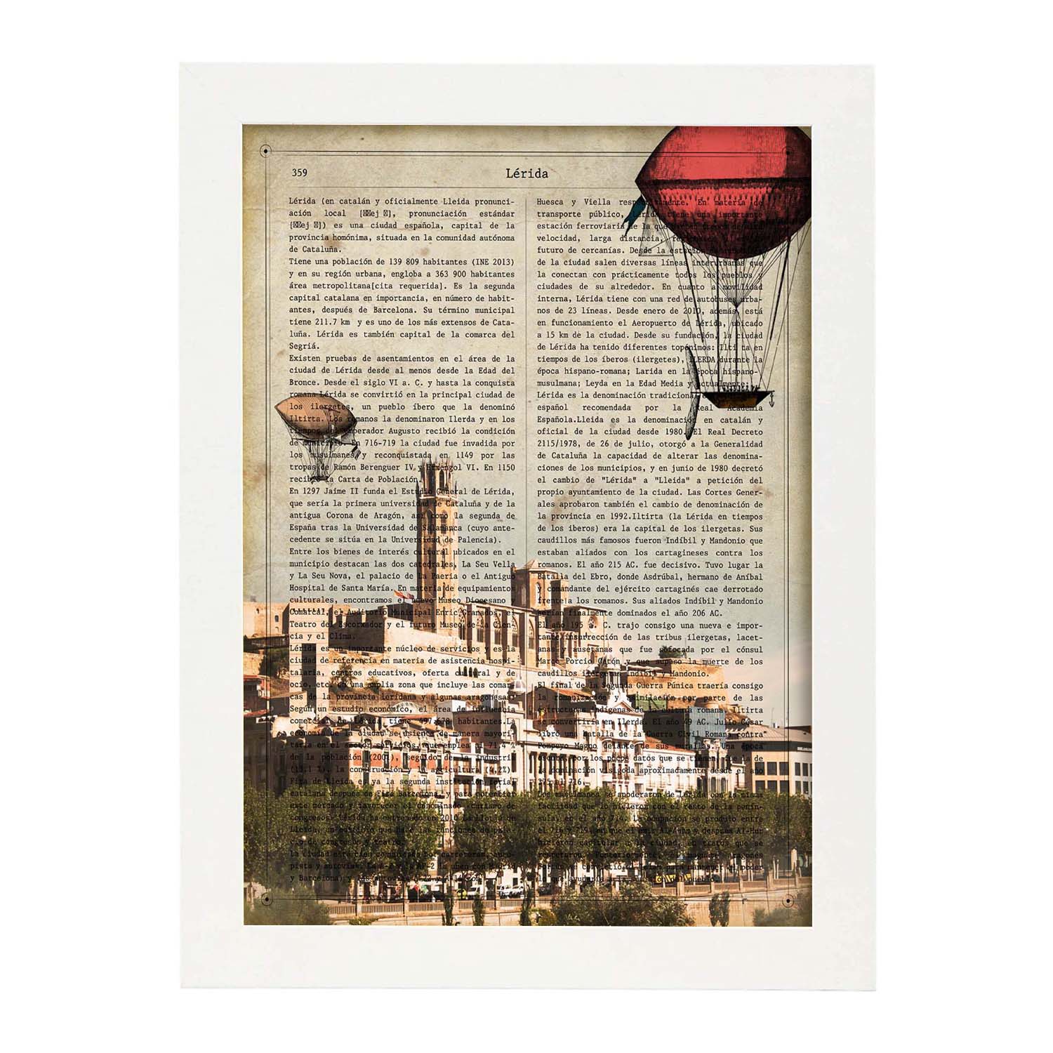 Lámina Ciudad de LERIDA. Estilo Vintage. Ilustración, fotografía y Collage con la Historia DE LERIDA.-Artwork-Nacnic-A4-Marco Blanco-Nacnic Estudio SL