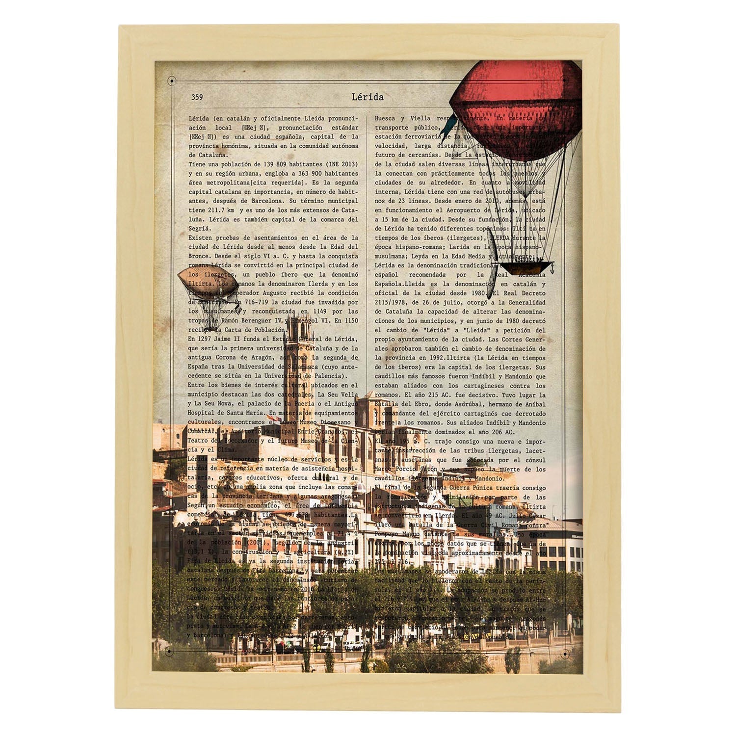 Lámina Ciudad de LERIDA. Estilo Vintage. Ilustración, fotografía y Collage con la Historia DE LERIDA.-Artwork-Nacnic-A4-Marco Madera clara-Nacnic Estudio SL