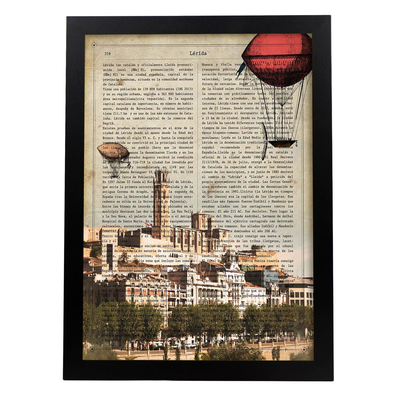 Lámina Ciudad de LERIDA. Estilo Vintage. Ilustración, fotografía y Collage con la Historia DE LERIDA.-Artwork-Nacnic-A4-Marco Negro-Nacnic Estudio SL