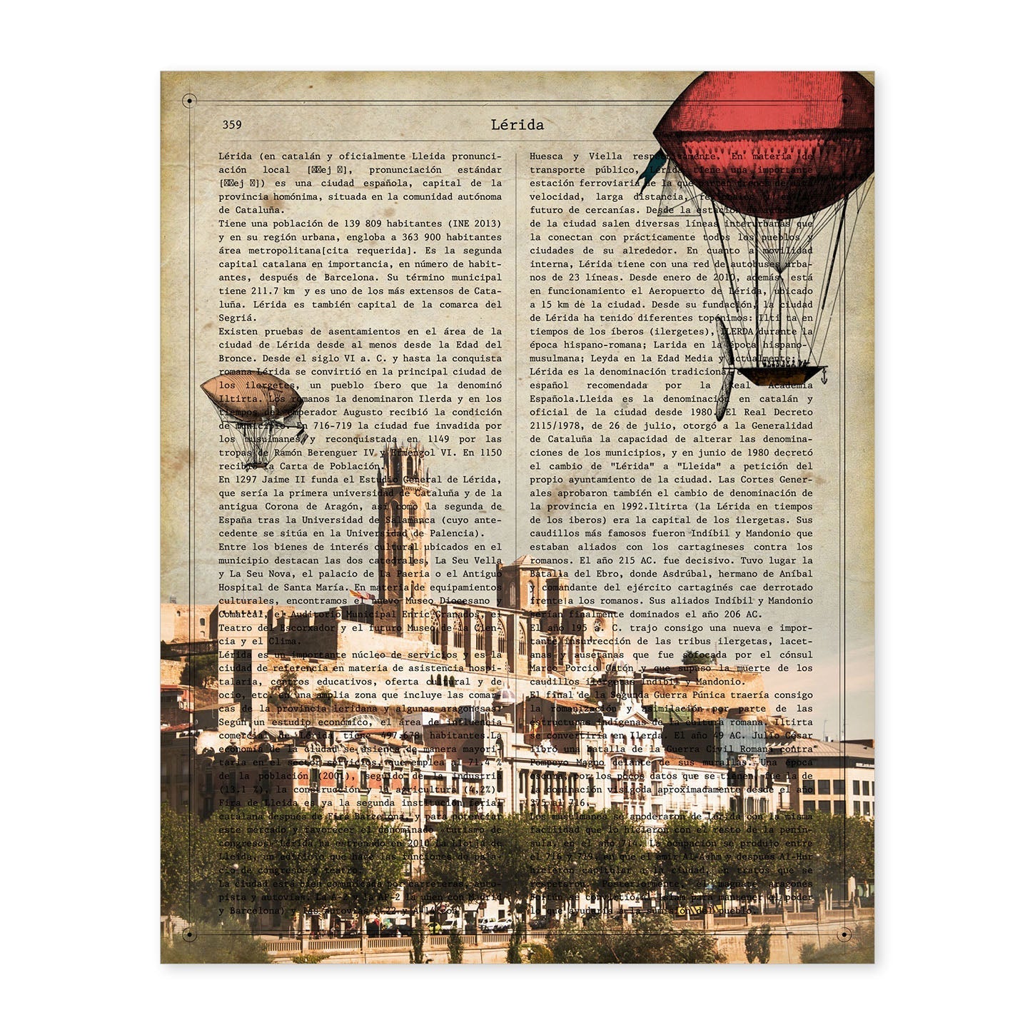 Lámina Ciudad de LERIDA. Estilo Vintage. Ilustración, fotografía y Collage con la Historia DE LERIDA.-Artwork-Nacnic-A4-Sin marco-Nacnic Estudio SL