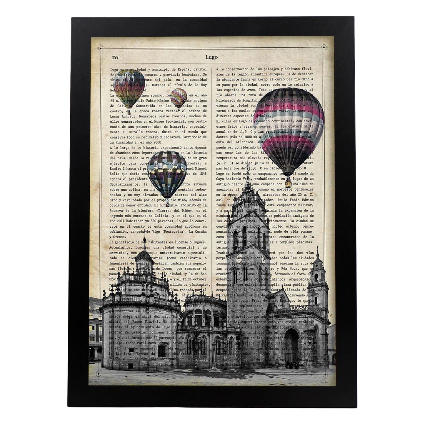 Lámina Ciudad de LUGO. Estilo Vintage. Ilustración, fotografía y Collage con la Historia DE LUGO.-Artwork-Nacnic-A3-Marco Negro-Nacnic Estudio SL
