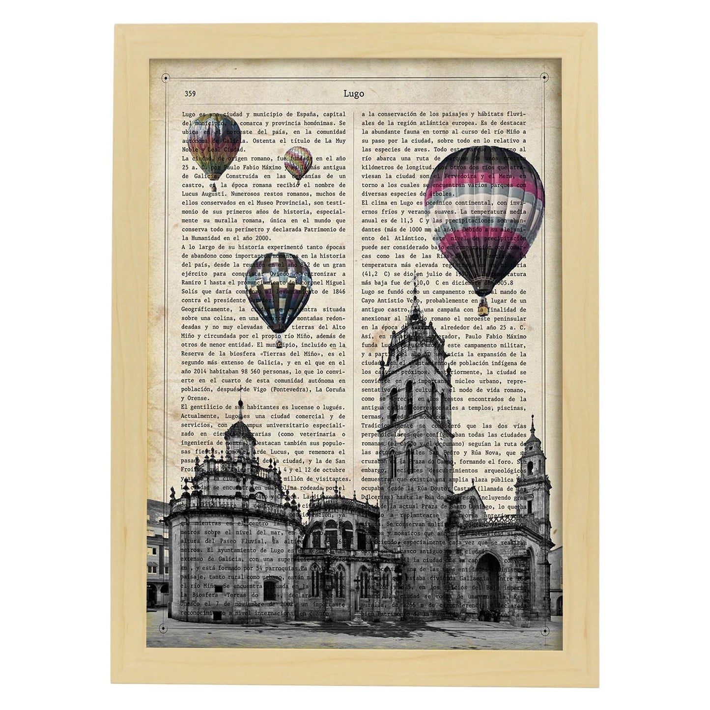 Lámina Ciudad de LUGO. Estilo Vintage. Ilustración, fotografía y Collage con la Historia DE LUGO.-Artwork-Nacnic-A4-Marco Madera clara-Nacnic Estudio SL