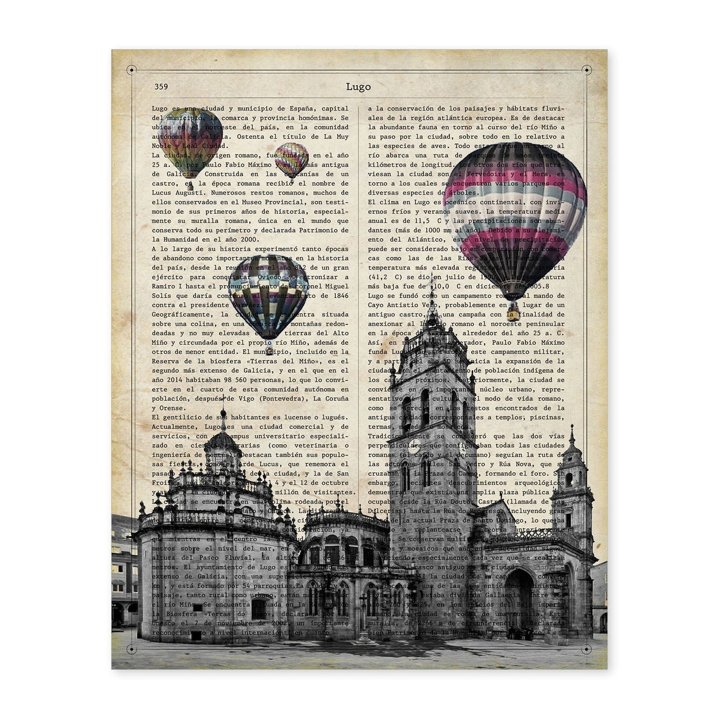 Lámina Ciudad de LUGO. Estilo Vintage. Ilustración, fotografía y Collage con la Historia DE LUGO.-Artwork-Nacnic-A4-Sin marco-Nacnic Estudio SL