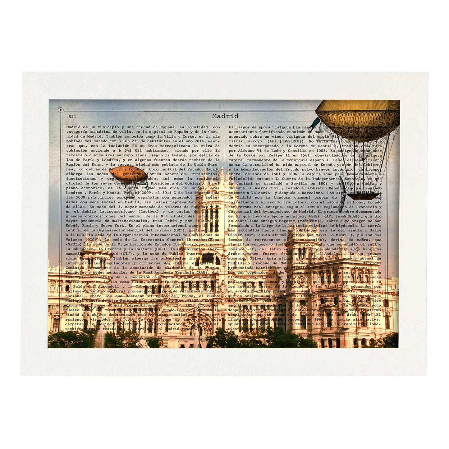Lámina Ciudad de Madrid. Estilo Vintage. Ilustración, fotografía y Collage con la Historia DE Madrid.-Artwork-Nacnic-A4-Marco Blanco-Nacnic Estudio SL