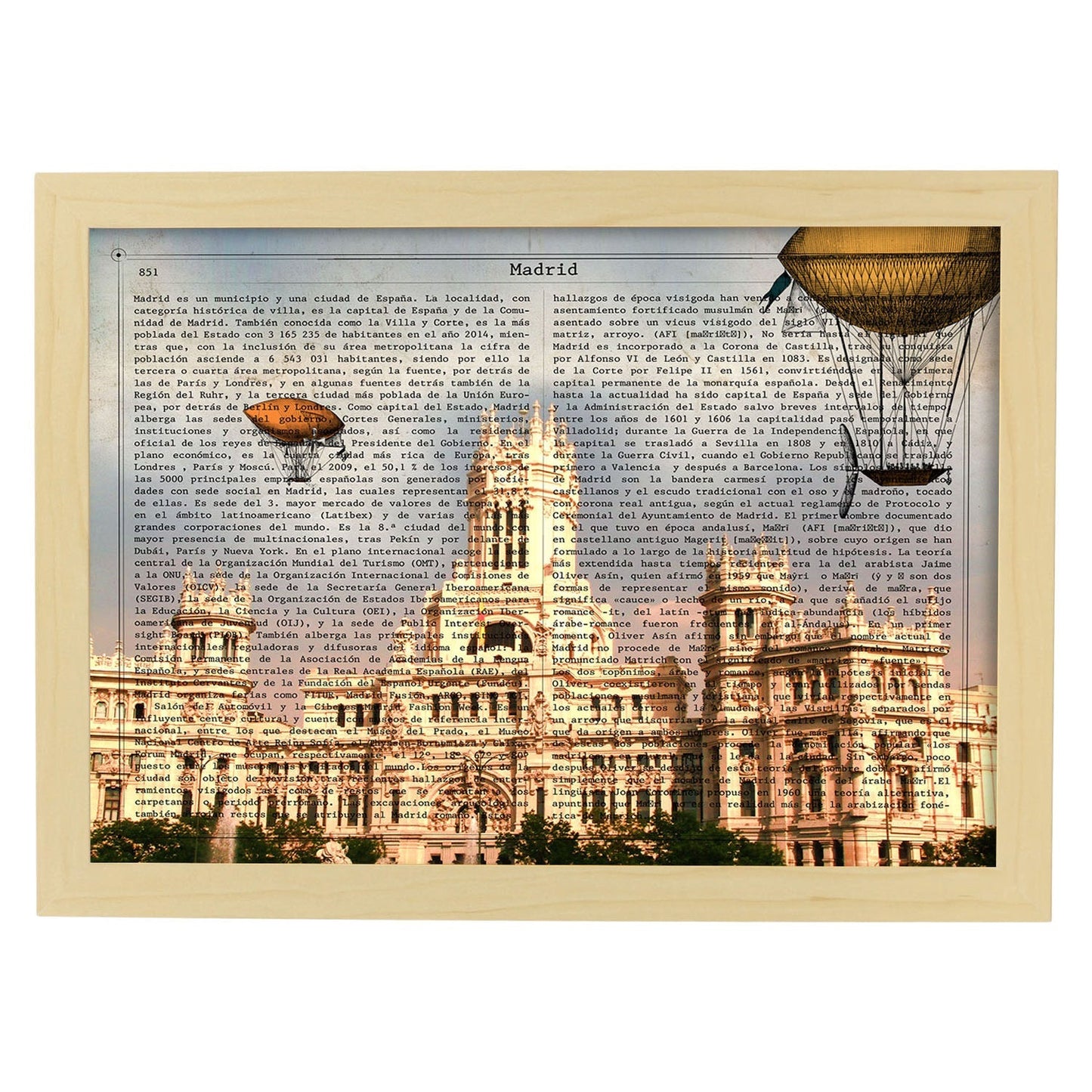 Lámina Ciudad de Madrid. Estilo Vintage. Ilustración, fotografía y Collage con la Historia DE Madrid.-Artwork-Nacnic-A4-Marco Madera clara-Nacnic Estudio SL