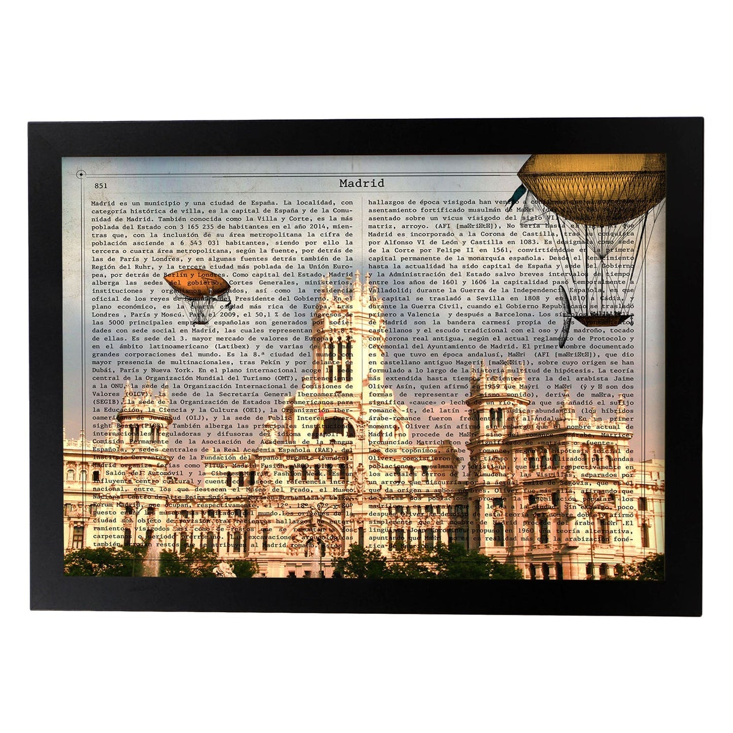 Lámina Ciudad de Madrid. Estilo Vintage. Ilustración, fotografía y Collage con la Historia DE Madrid.-Artwork-Nacnic-A4-Marco Negro-Nacnic Estudio SL