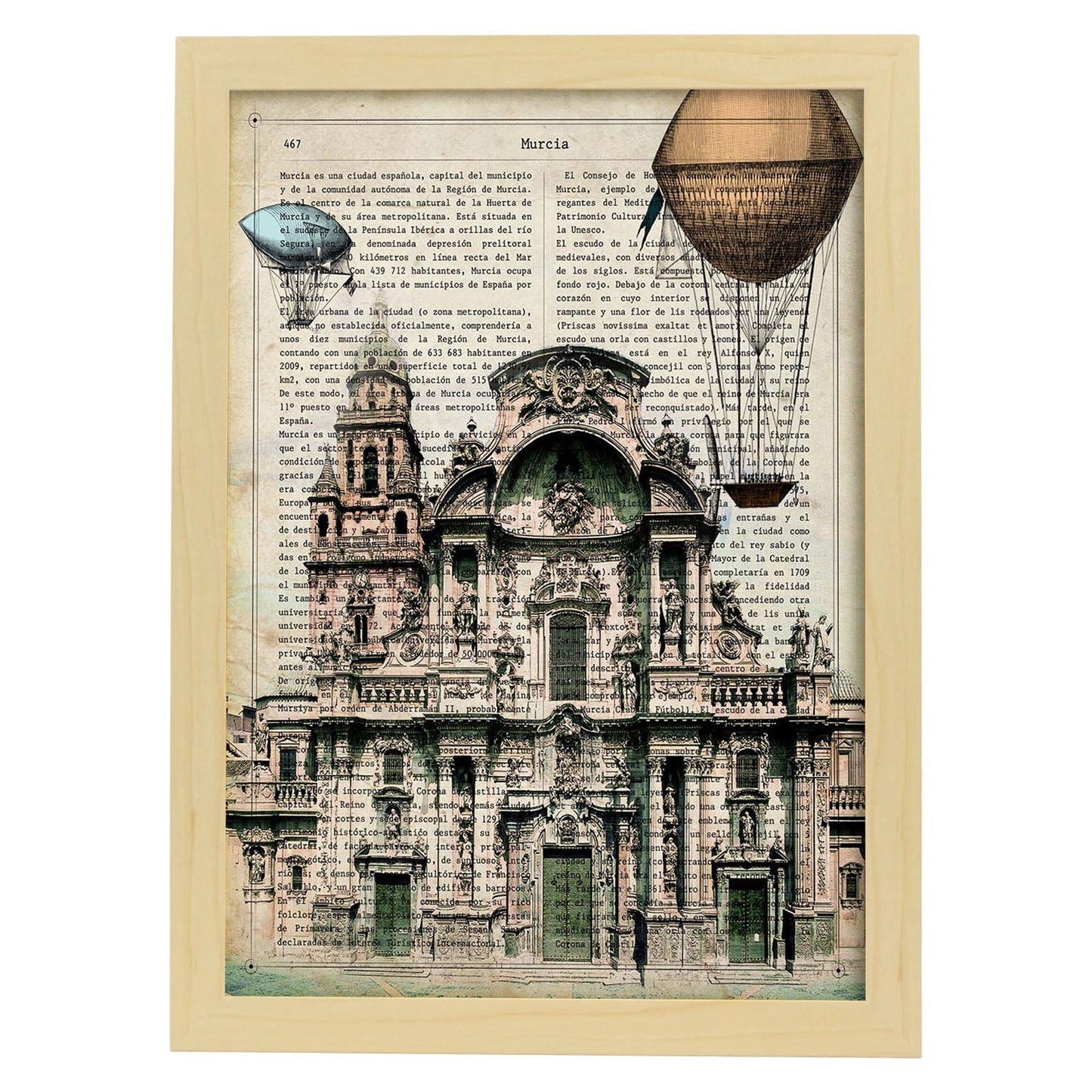 Lámina Ciudad de Murcia con la Historia DE Murcia.-Artwork-Nacnic-A3-Marco Madera clara-Nacnic Estudio SL