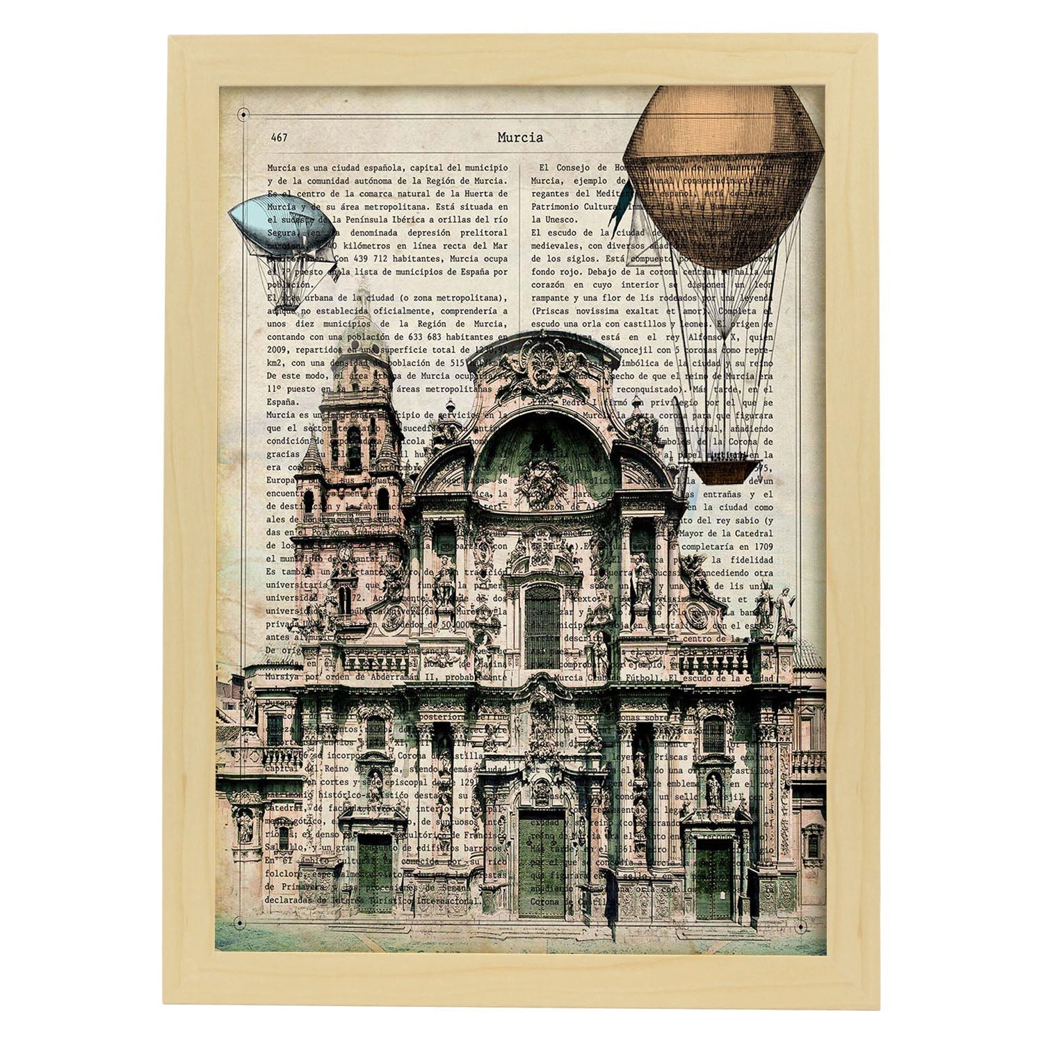 Lámina Ciudad de Murcia con la Historia DE Murcia.-Artwork-Nacnic-A3-Marco Madera clara-Nacnic Estudio SL
