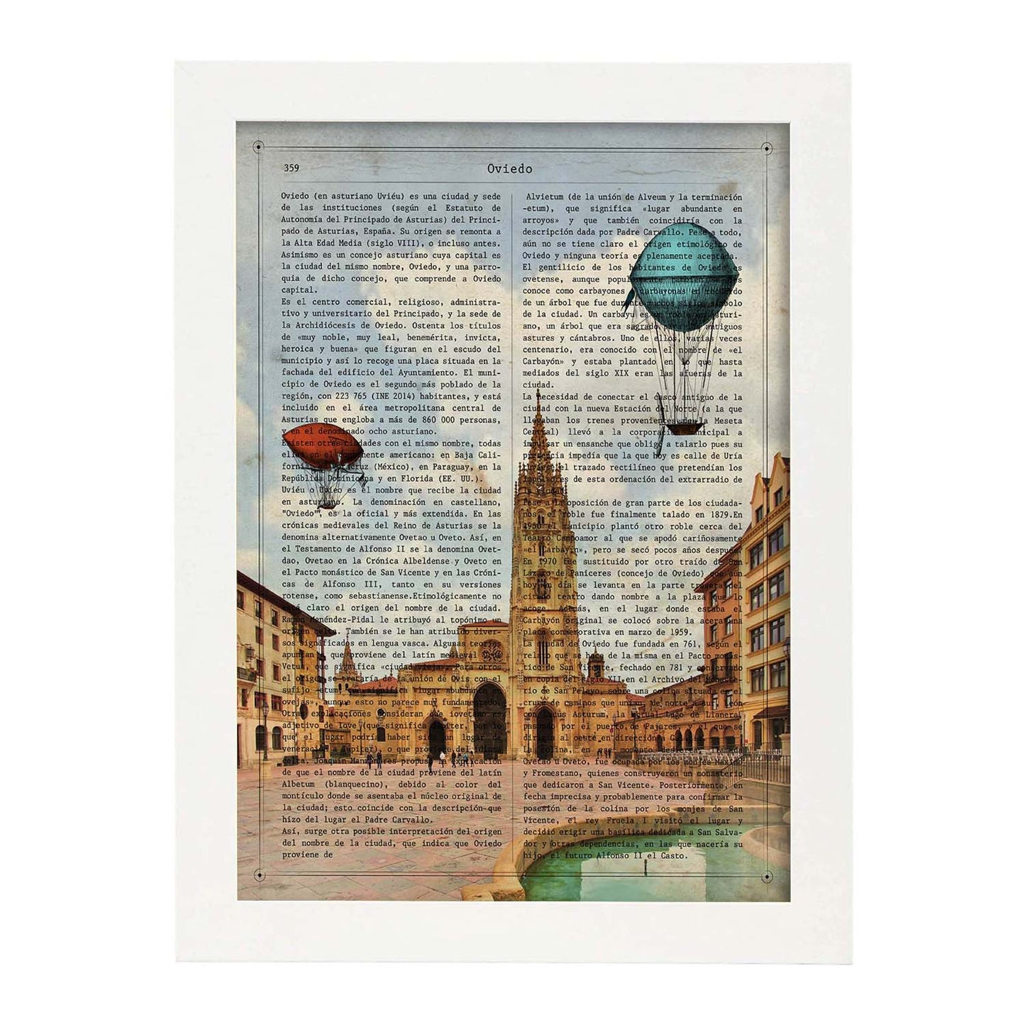 Lámina Ciudad de Oviedo. Estilo Vintage. Ilustración, fotografía y Collage con la Historia DE Oviedo.-Artwork-Nacnic-A3-Marco Blanco-Nacnic Estudio SL