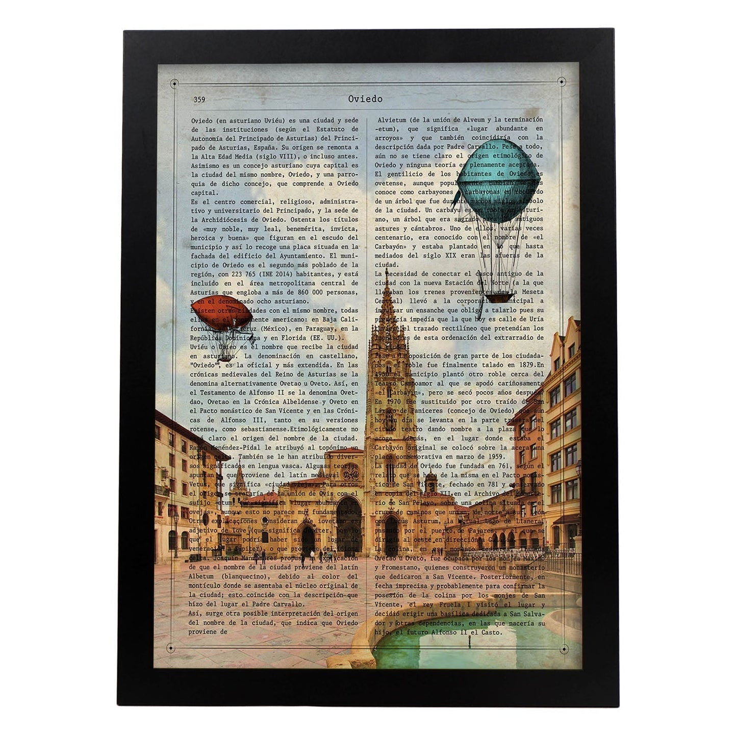Lámina Ciudad de Oviedo. Estilo Vintage. Ilustración, fotografía y Collage con la Historia DE Oviedo.-Artwork-Nacnic-A3-Marco Negro-Nacnic Estudio SL