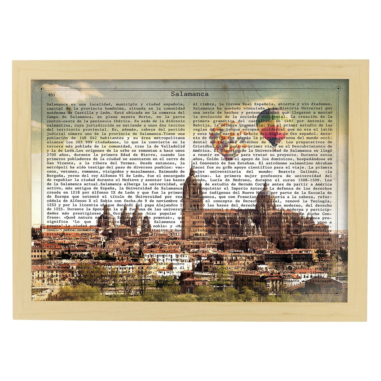 Lámina Ciudad de Salamanca con su Historia.-Artwork-Nacnic-A3-Marco Madera clara-Nacnic Estudio SL