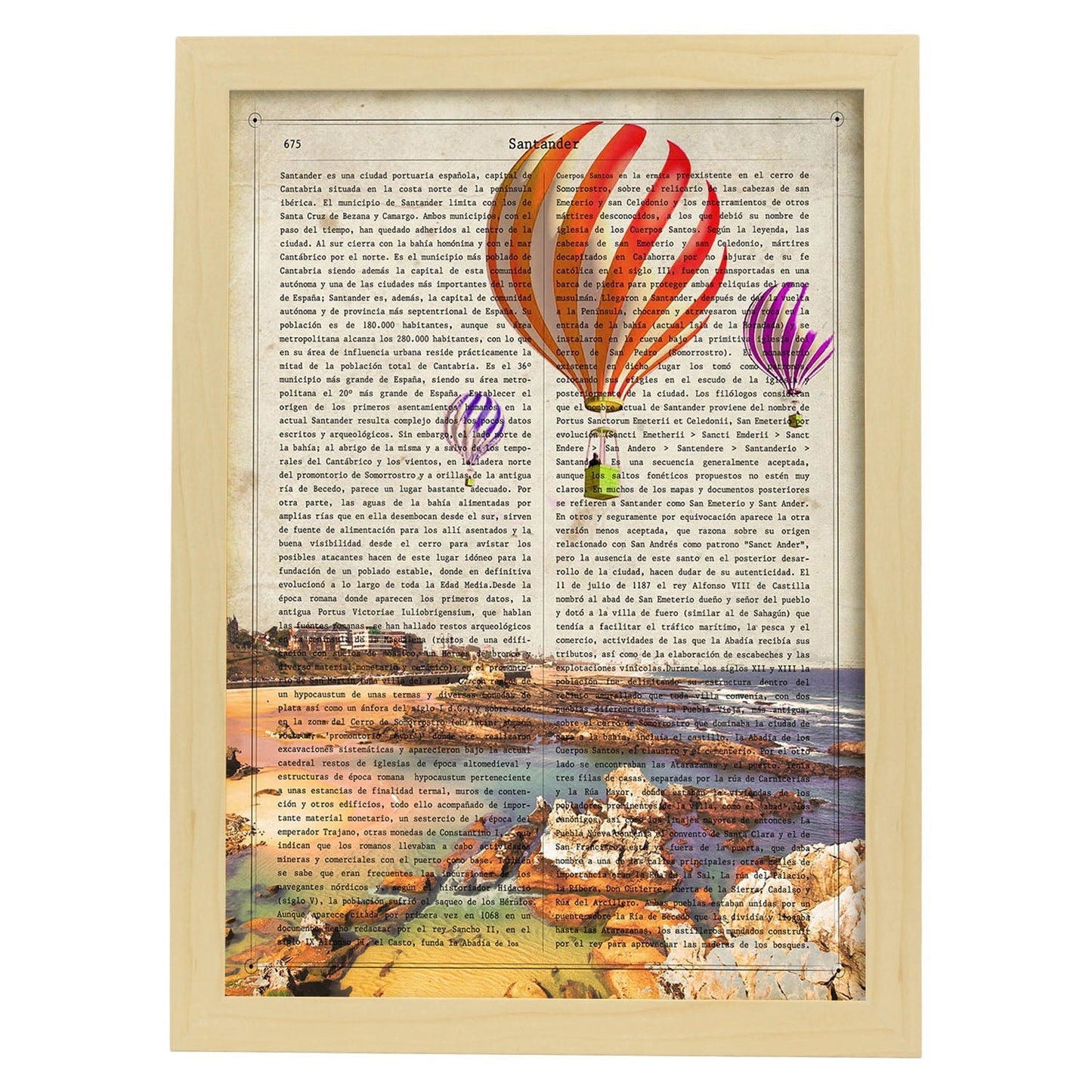 Lámina Ciudad de Santander. Estilo Vintage. Ilustración, fotografía y Collage con la Historia DE Santander.-Artwork-Nacnic-A3-Marco Madera clara-Nacnic Estudio SL