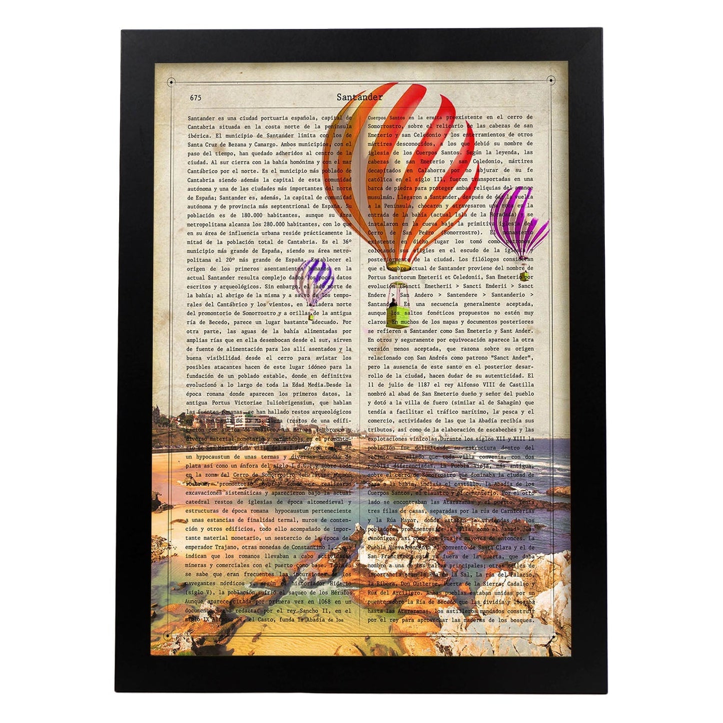 Lámina Ciudad de Santander. Estilo Vintage. Ilustración, fotografía y Collage con la Historia DE Santander.-Artwork-Nacnic-A3-Marco Negro-Nacnic Estudio SL