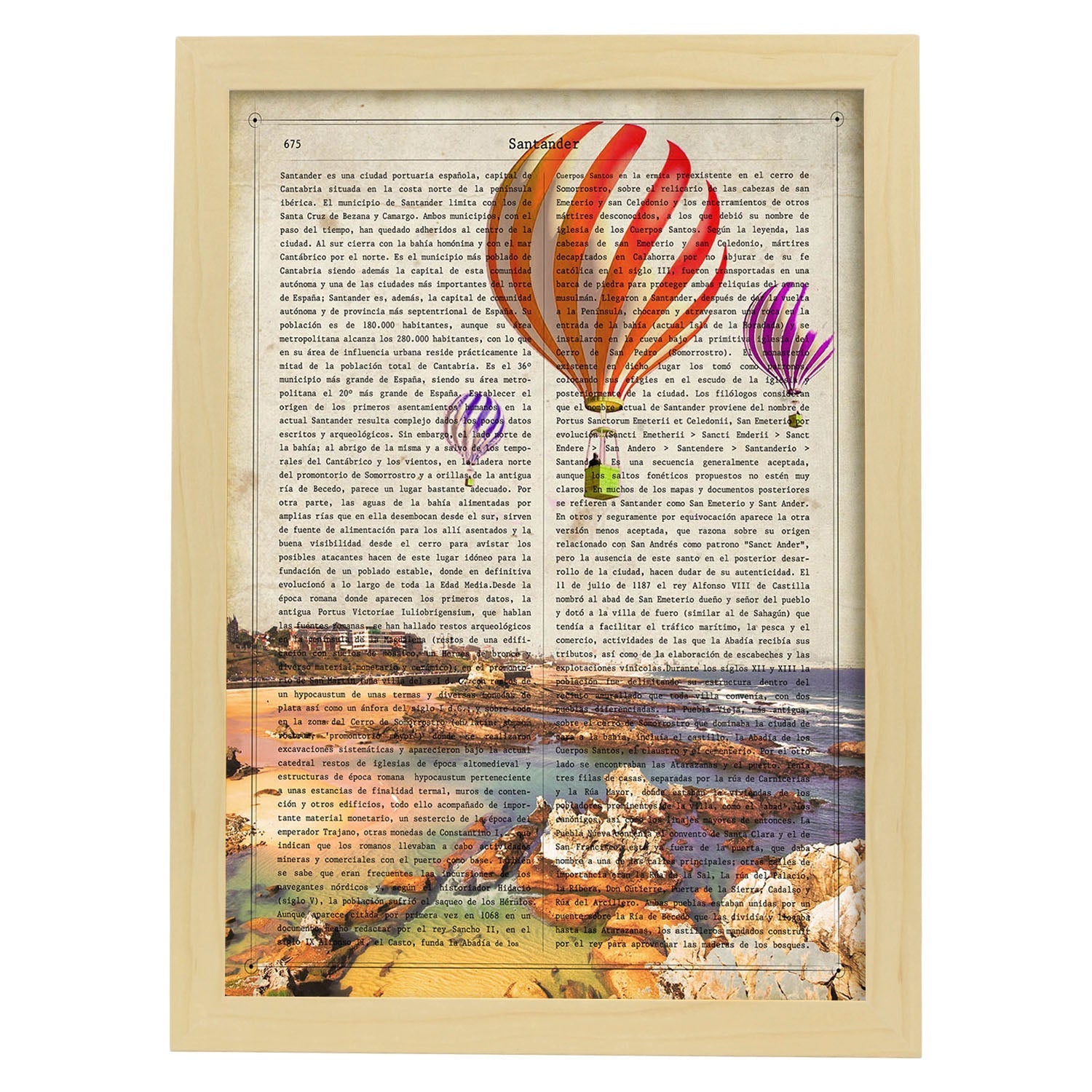 Lámina Ciudad de Santander. Estilo Vintage. Ilustración, fotografía y Collage con la Historia DE Santander.-Artwork-Nacnic-A4-Marco Madera clara-Nacnic Estudio SL