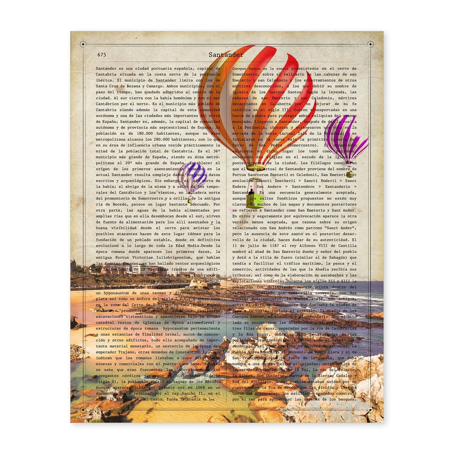 Lámina Ciudad de Santander. Estilo Vintage. Ilustración, fotografía y Collage con la Historia DE Santander.-Artwork-Nacnic-A4-Sin marco-Nacnic Estudio SL