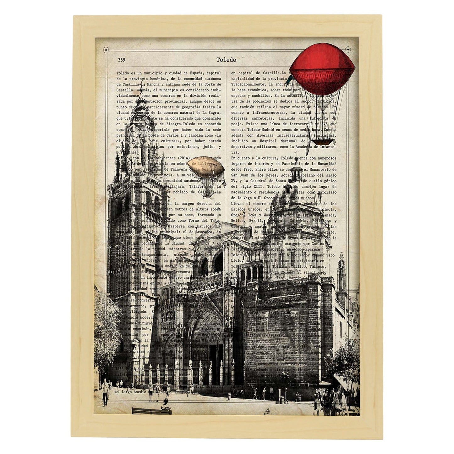 Lámina Ciudad de Toledo. Estilo Vintage. Ilustración, fotografía y Collage con la Historia DE Toledo.-Artwork-Nacnic-A3-Marco Madera clara-Nacnic Estudio SL