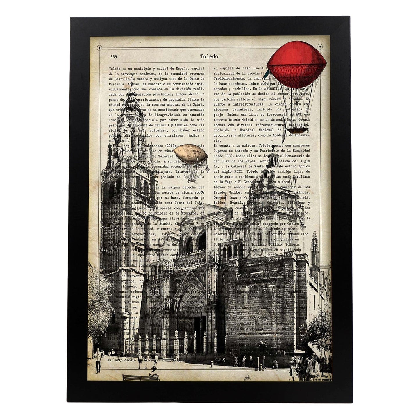 Lámina Ciudad de Toledo. Estilo Vintage. Ilustración, fotografía y Collage con la Historia DE Toledo.-Artwork-Nacnic-A3-Marco Negro-Nacnic Estudio SL