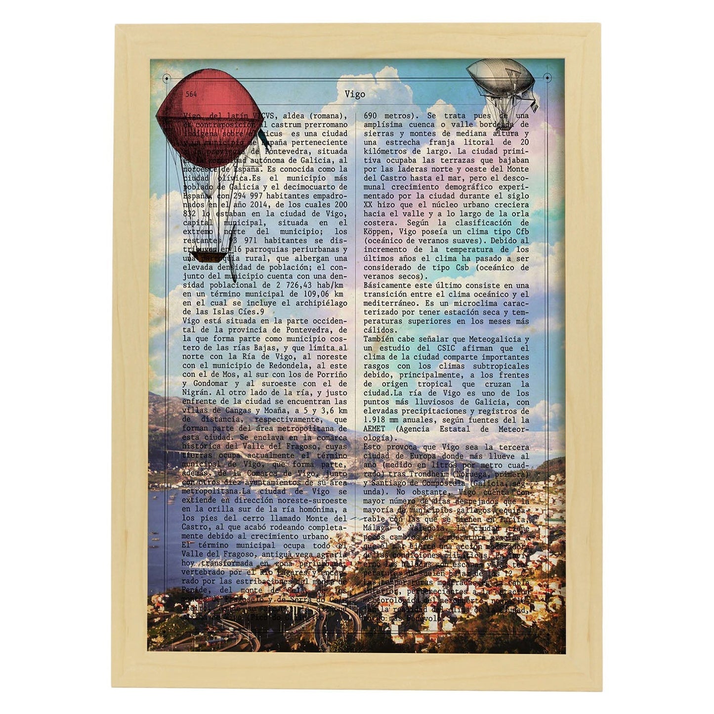 Lámina Ciudad de Vigo con su Historia.-Artwork-Nacnic-A4-Marco Madera clara-Nacnic Estudio SL