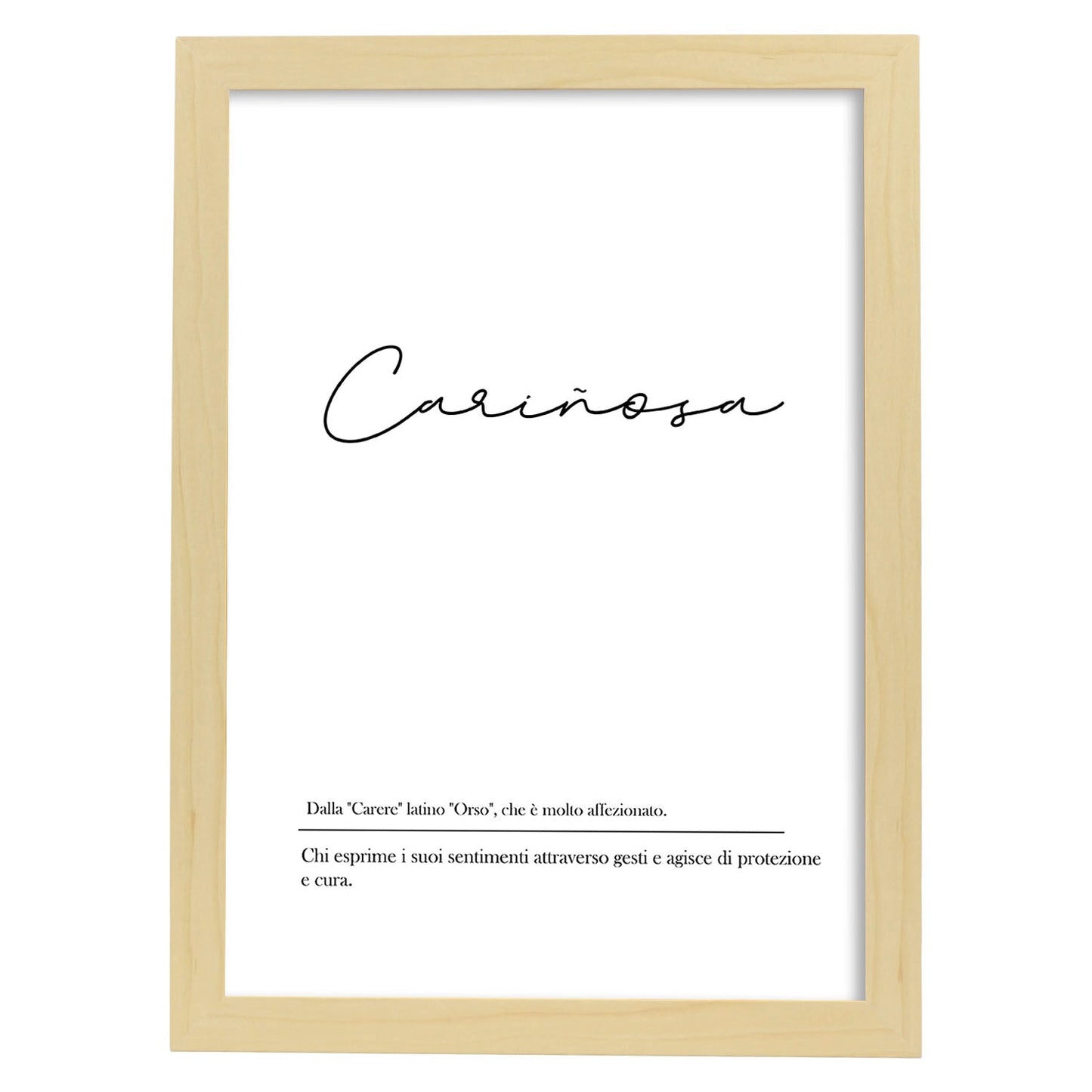 Lámina con definicion de palabras en italiano. Poster 'Cariñosa' de palabras con definiciones.-Artwork-Nacnic-A3-Marco Madera clara-Nacnic Estudio SL