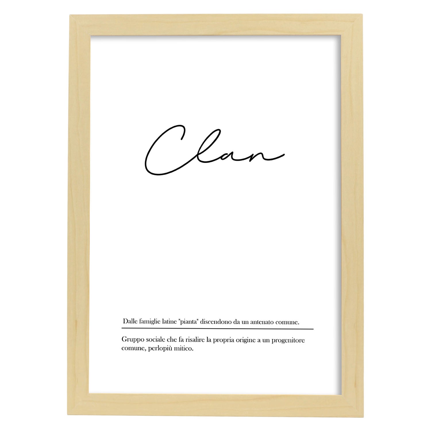 Lámina con definicion de palabras en italiano. Poster 'Clan' de palabras con definiciones.-Artwork-Nacnic-A3-Marco Madera clara-Nacnic Estudio SL