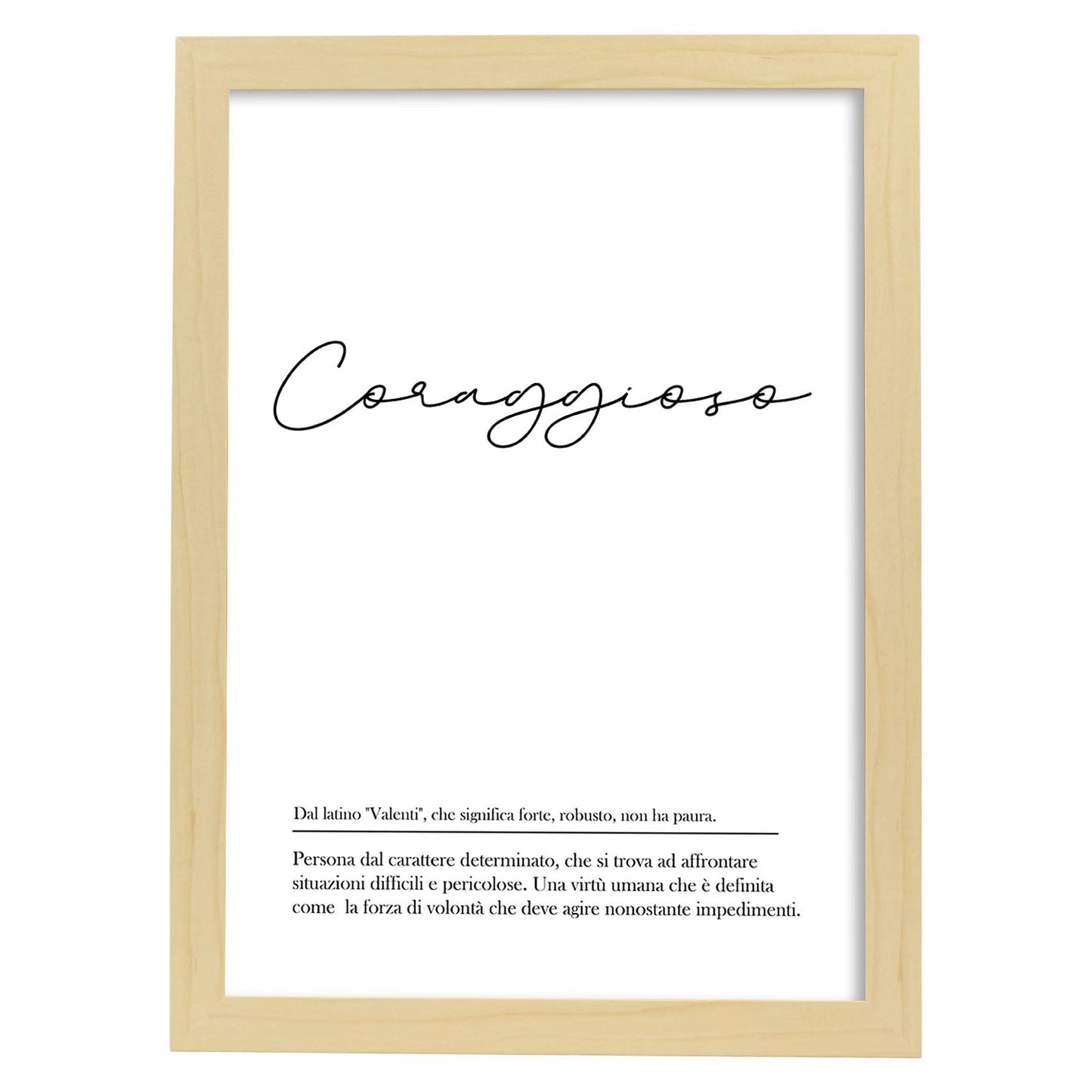 Lámina con definicion de palabras en italiano. Poster 'Coraggiosa' de palabras con definiciones.-Artwork-Nacnic-A3-Marco Madera clara-Nacnic Estudio SL