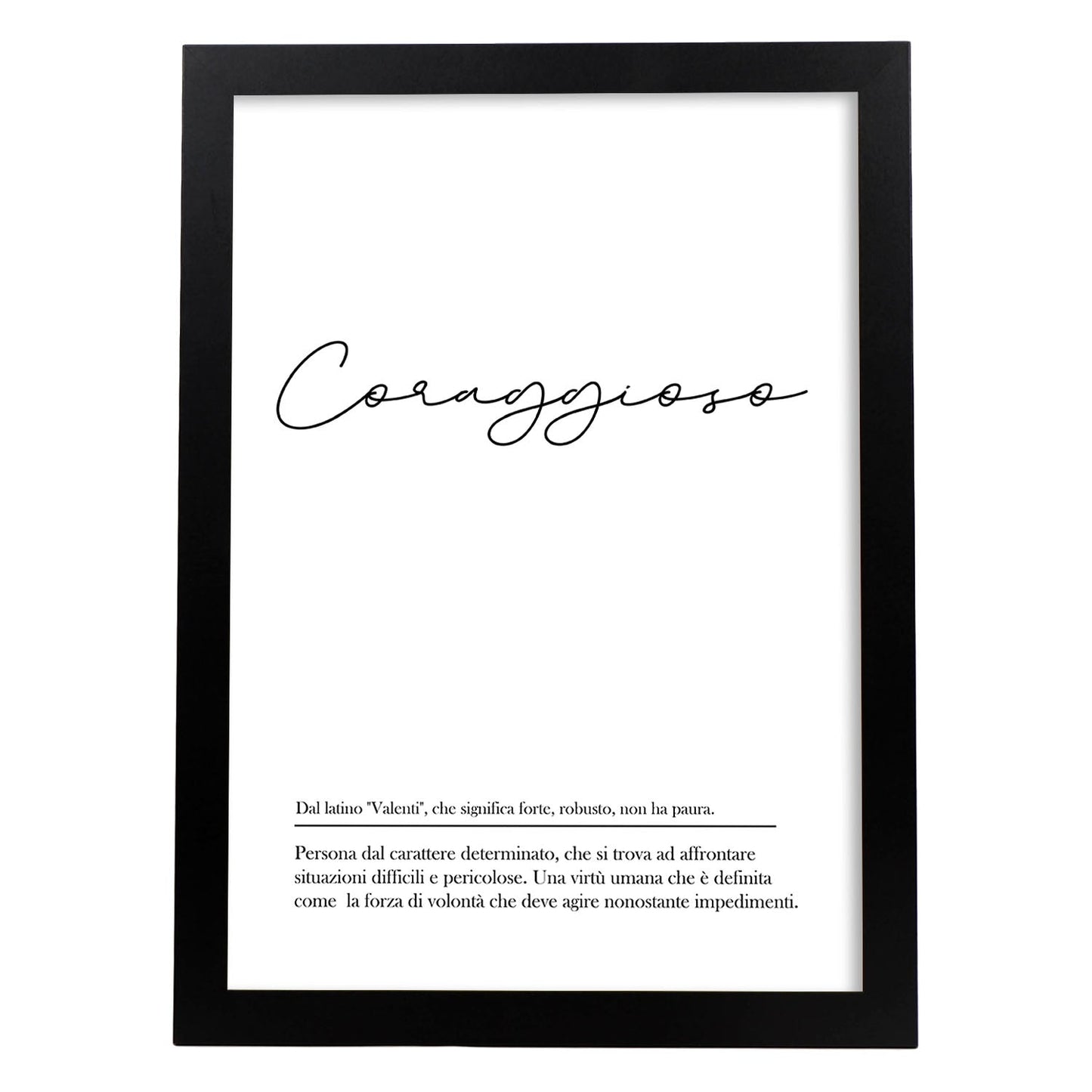 Lámina con definicion de palabras en italiano. Poster 'Coraggiosa' de palabras con definiciones.-Artwork-Nacnic-A4-Marco Negro-Nacnic Estudio SL