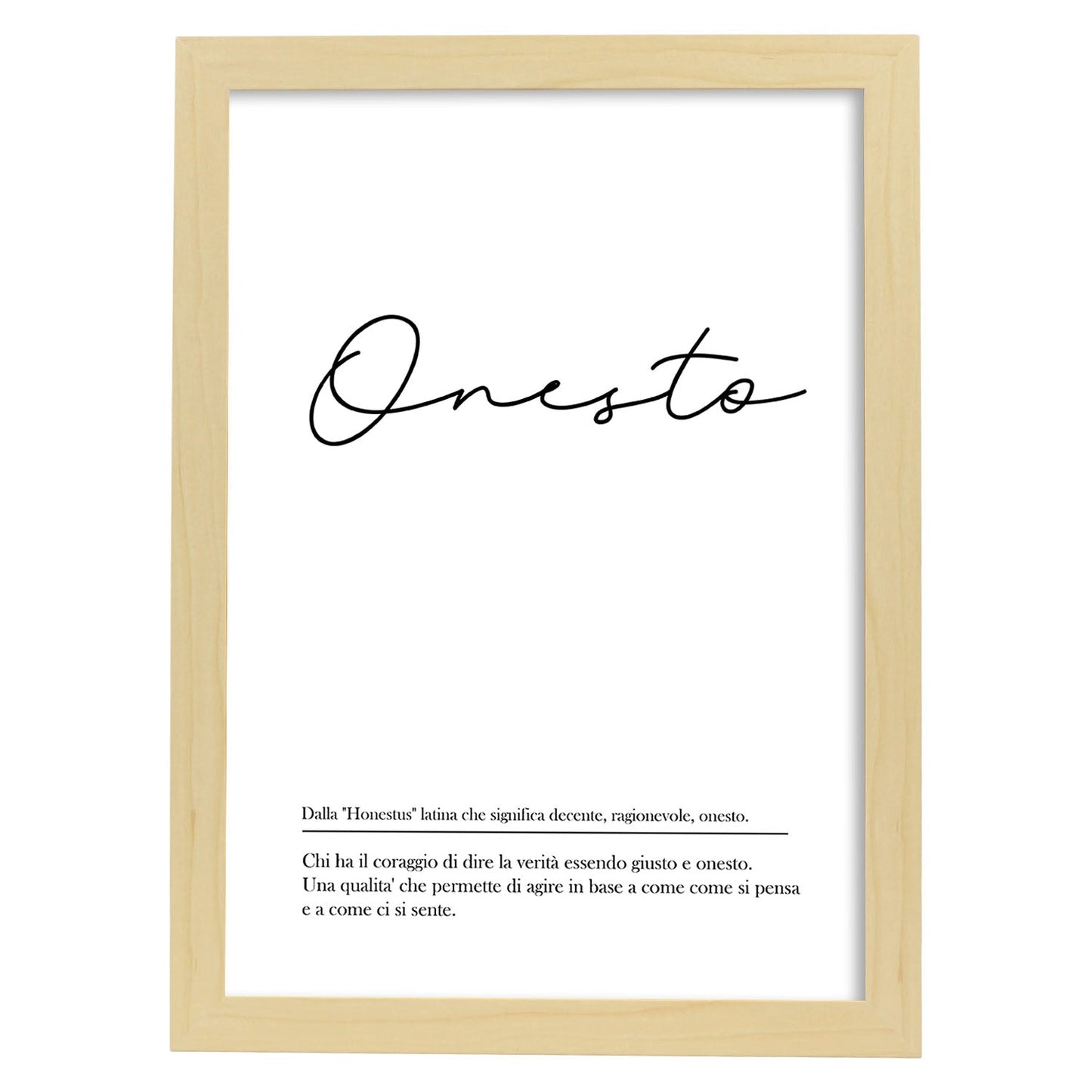 Lámina con definicion de palabras en italiano. Poster 'Onesto' de palabras con definiciones.-Artwork-Nacnic-A3-Marco Madera clara-Nacnic Estudio SL