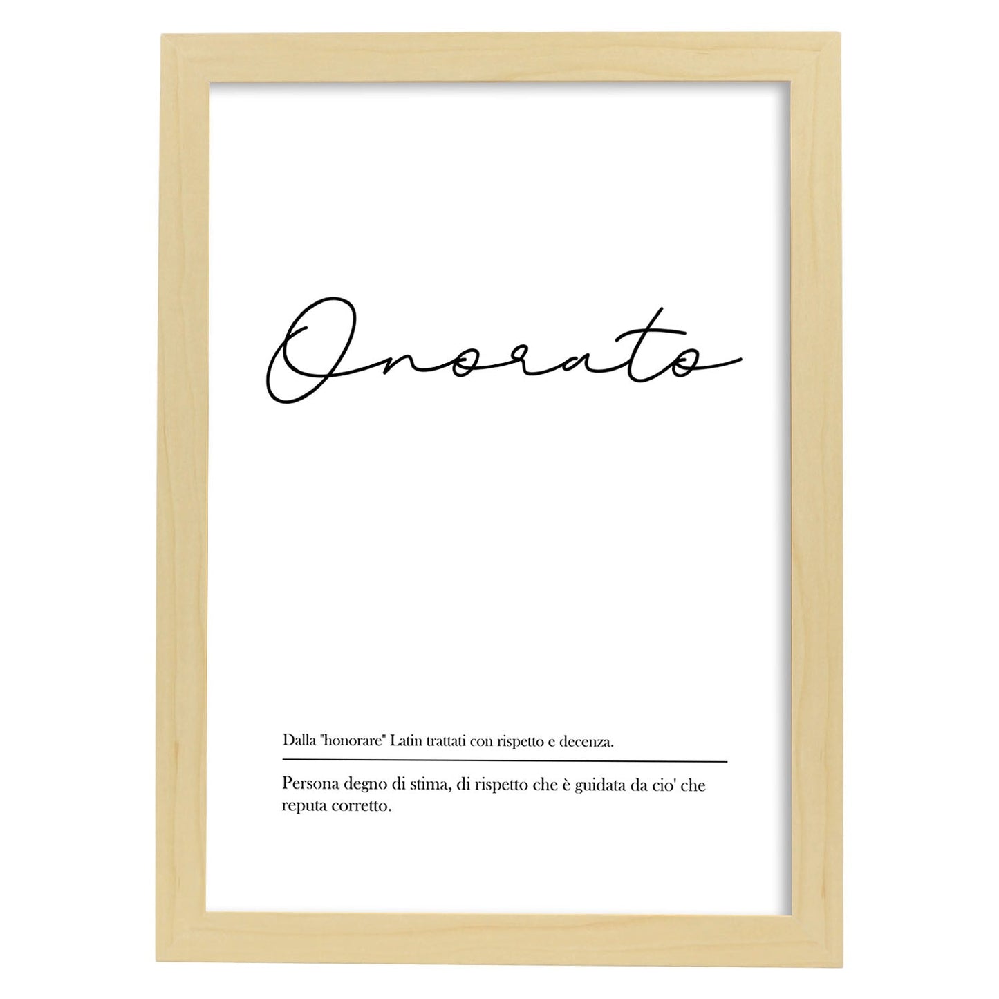 Lámina con definicion de palabras en italiano. Poster 'Onorato' de palabras con definiciones.-Artwork-Nacnic-A4-Marco Madera clara-Nacnic Estudio SL