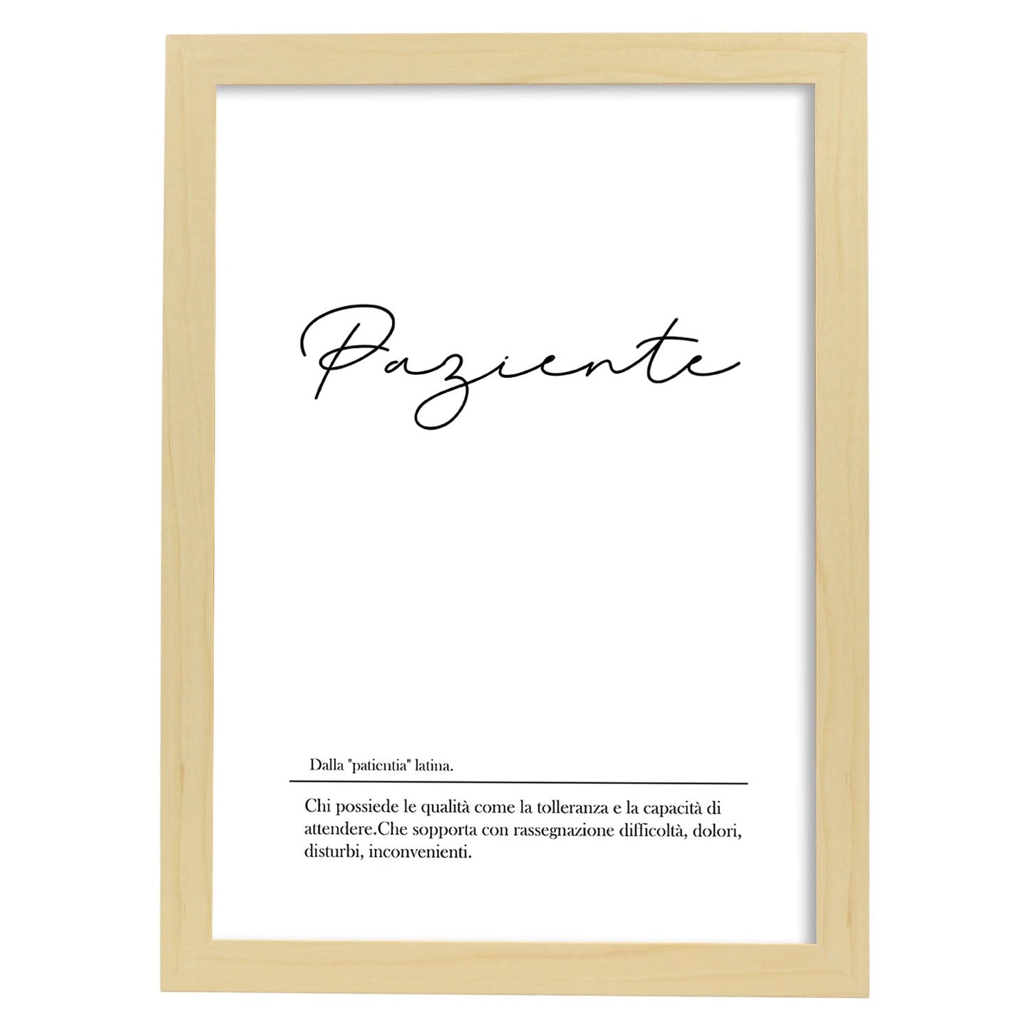 Lámina con definicion de palabras en italiano. Poster 'Paziente' de palabras con definiciones.-Artwork-Nacnic-A4-Marco Madera clara-Nacnic Estudio SL