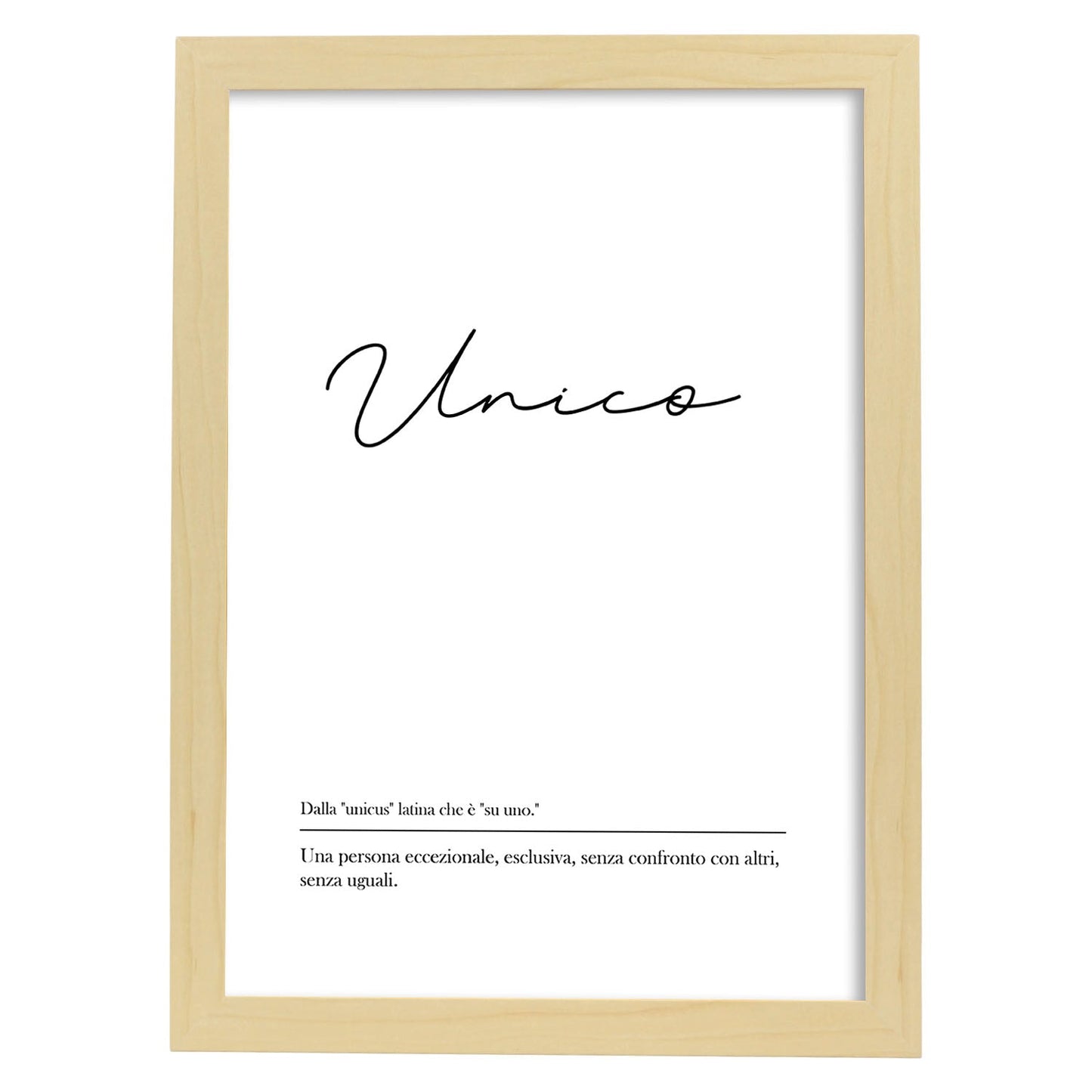 Lámina con definicion de palabras en italiano. Poster 'Unico' de palabras con definiciones.-Artwork-Nacnic-A4-Marco Madera clara-Nacnic Estudio SL