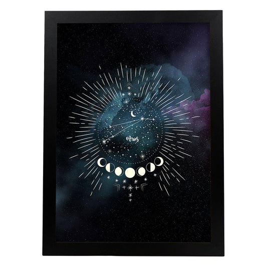 Lamina con la constelación Aries. Poster con símbolo del Zodiaco en y Fondo del Cielo Estrellado-Artwork-Nacnic-A4-Marco Negro-Nacnic Estudio SL