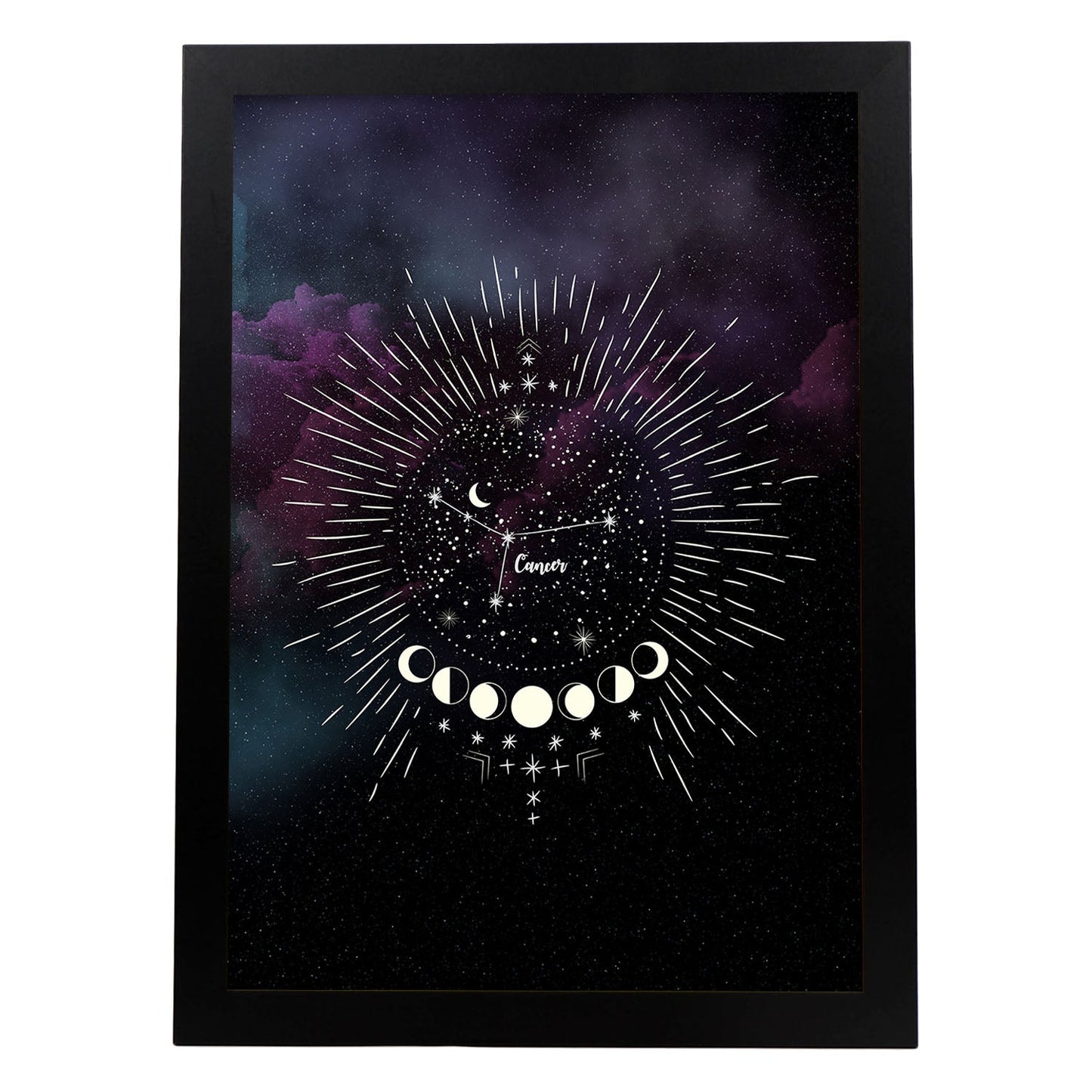 Lamina con la constelación Cancer. Poster con símbolo del Zodiaco en y Fondo del Cielo Estrellado-Artwork-Nacnic-A4-Marco Negro-Nacnic Estudio SL