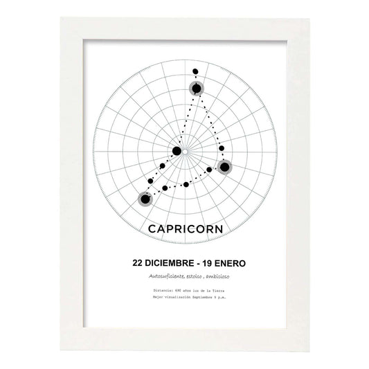 Lamina con la constelación Capricorn. Poster con símbolo del zodiaco en y fondo del cielo estrellado-Artwork-Nacnic-A4-Marco Blanco-Nacnic Estudio SL