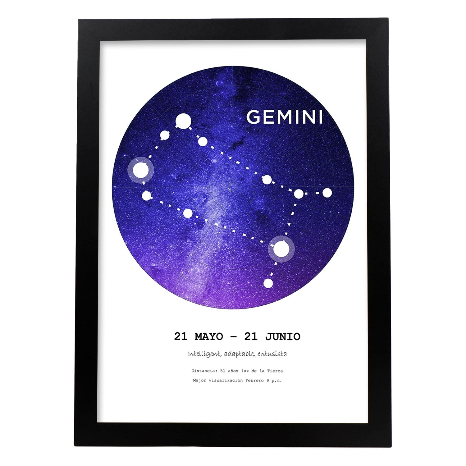 Lamina con la constelación Gemini. Poster con símbolo del zodiaco en y fondo blanco-Artwork-Nacnic-A3-Marco Negro-Nacnic Estudio SL