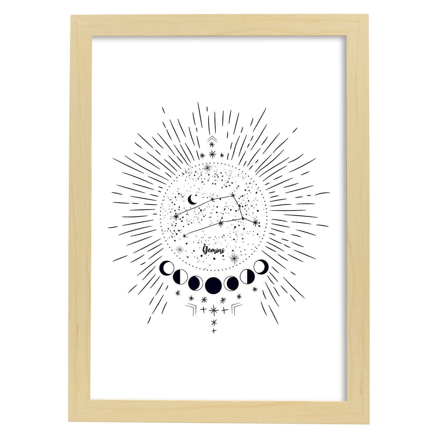 Lamina con la constelación Geminis. Poster con símbolo del zodiaco en y fondo blanco-Artwork-Nacnic-A3-Marco Madera clara-Nacnic Estudio SL